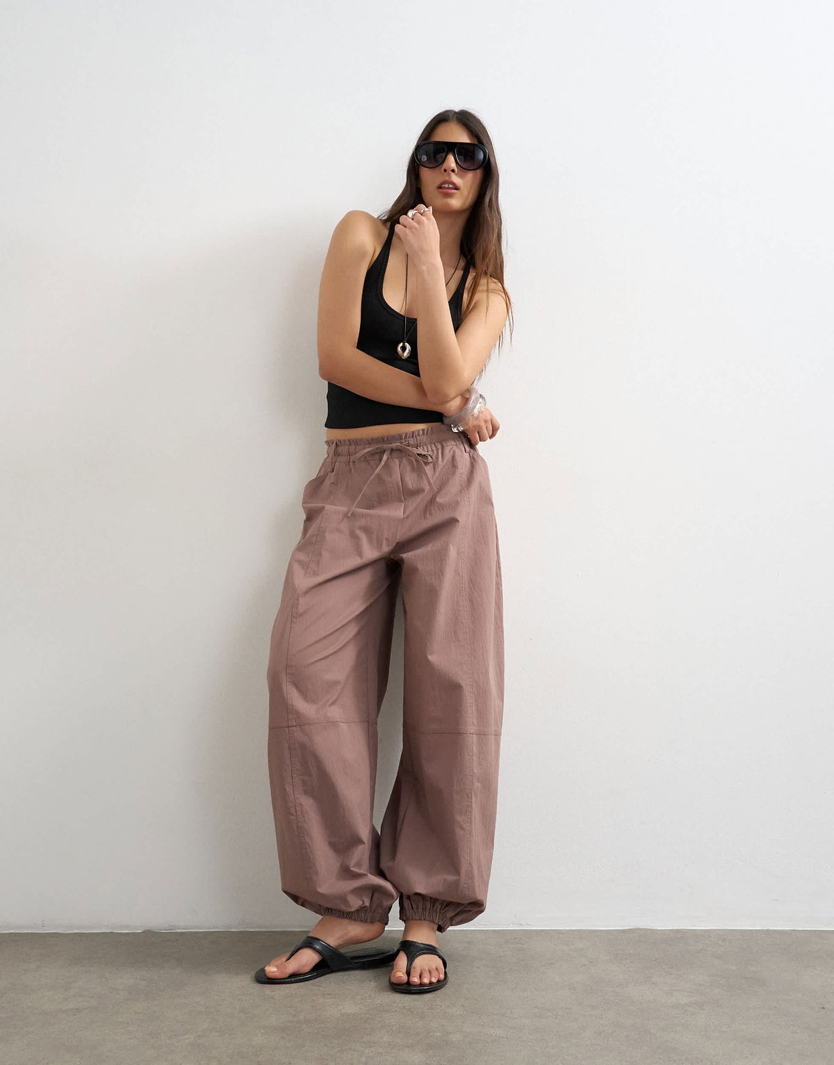 Topshop elasticated waist cuffed hem techy trouser in brown