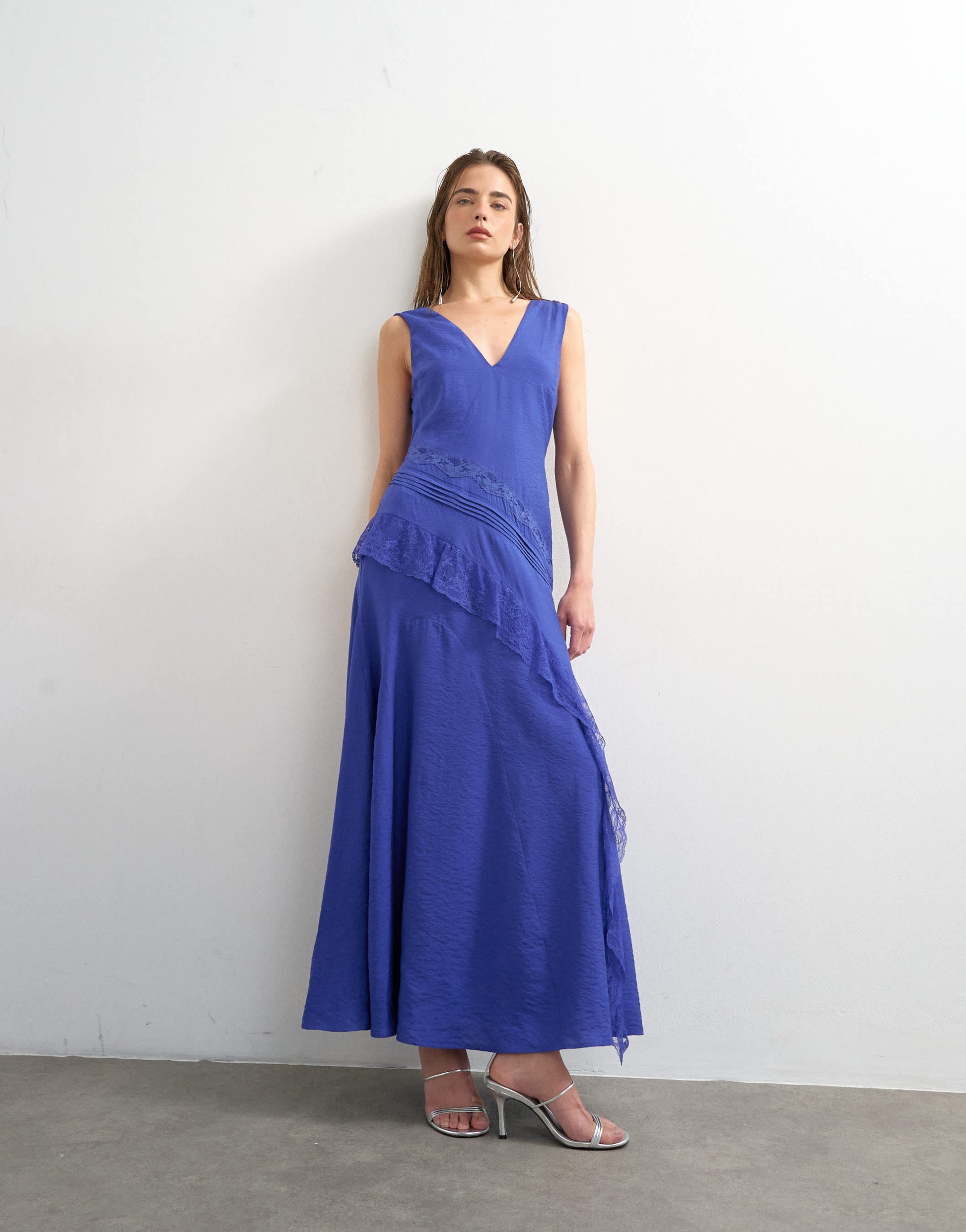 Topshop deep v lace insert maxi dress in cobalt