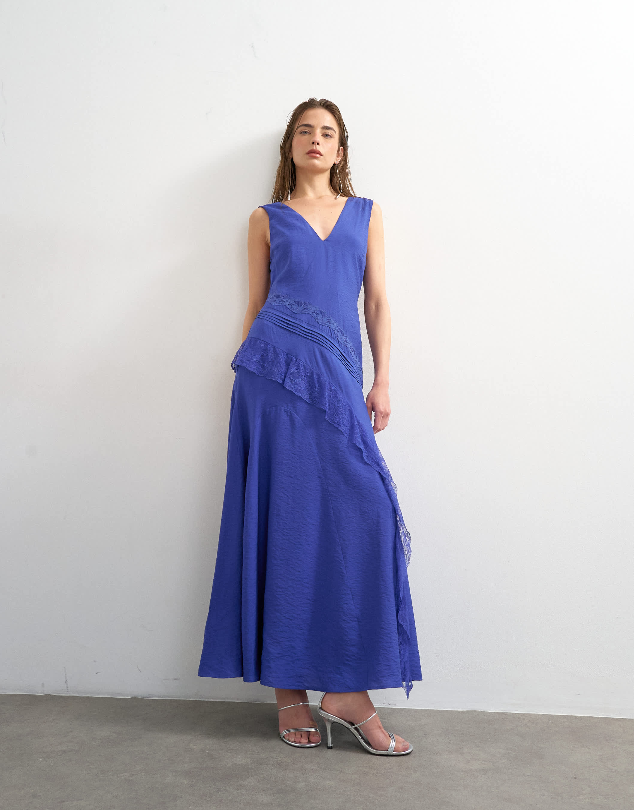 Topshop deep v lace insert maxi dress in cobalt