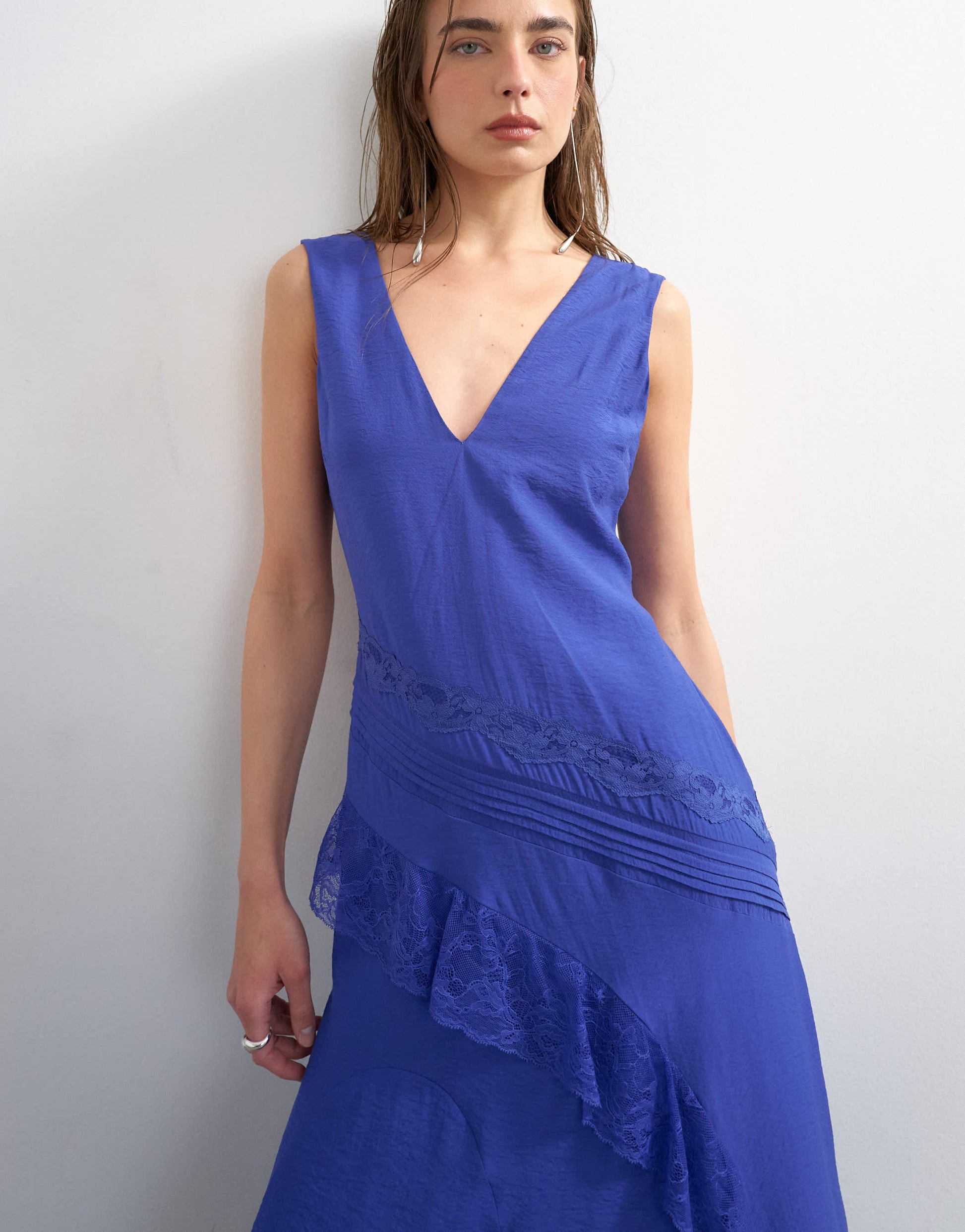 Topshop deep v lace insert maxi dress in cobalt