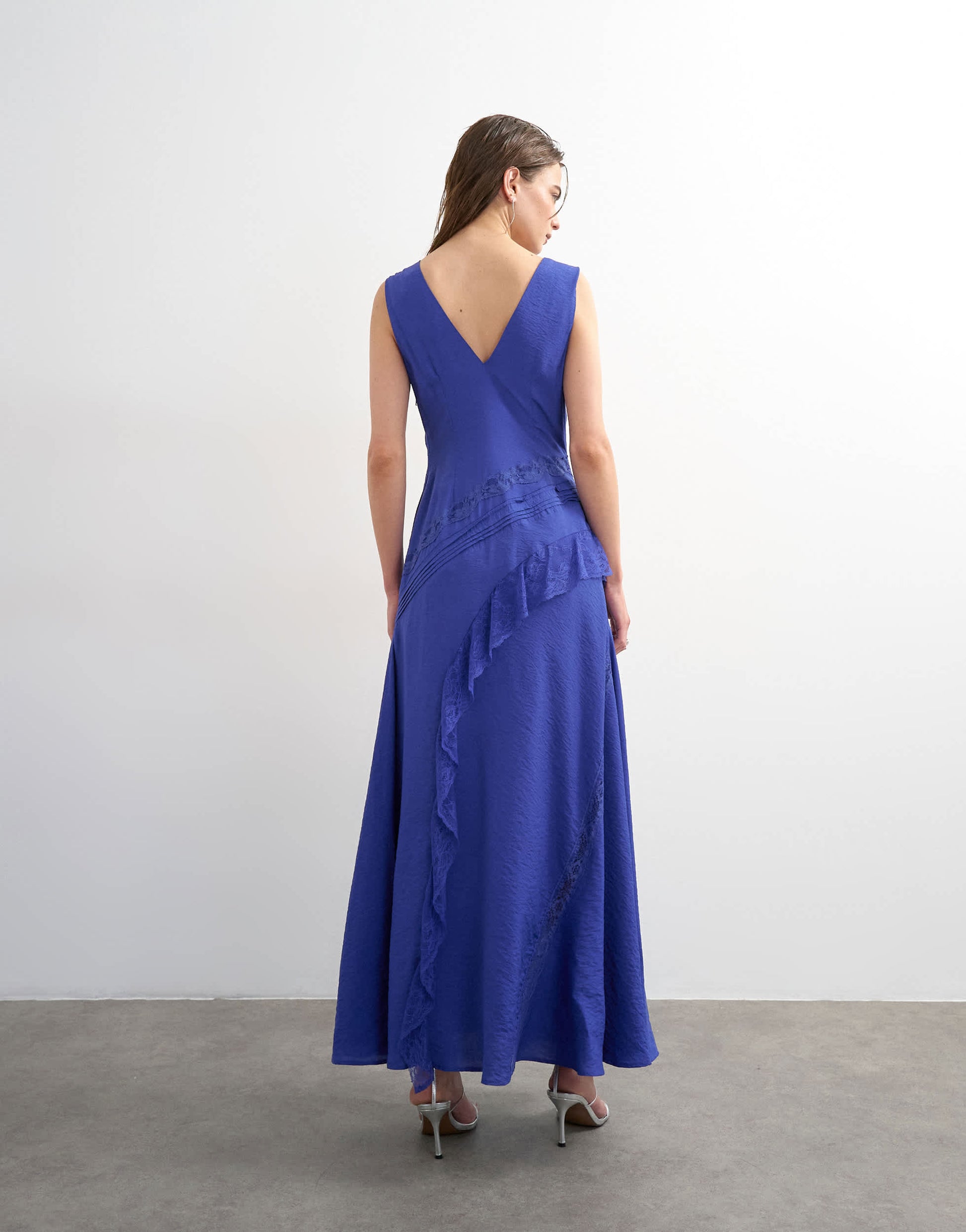 Topshop deep v lace insert maxi dress in cobalt
