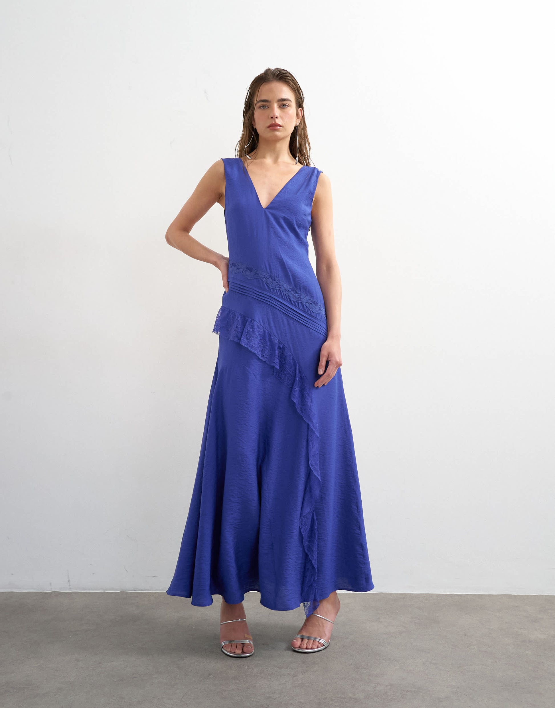 Topshop deep v lace insert maxi dress in cobalt