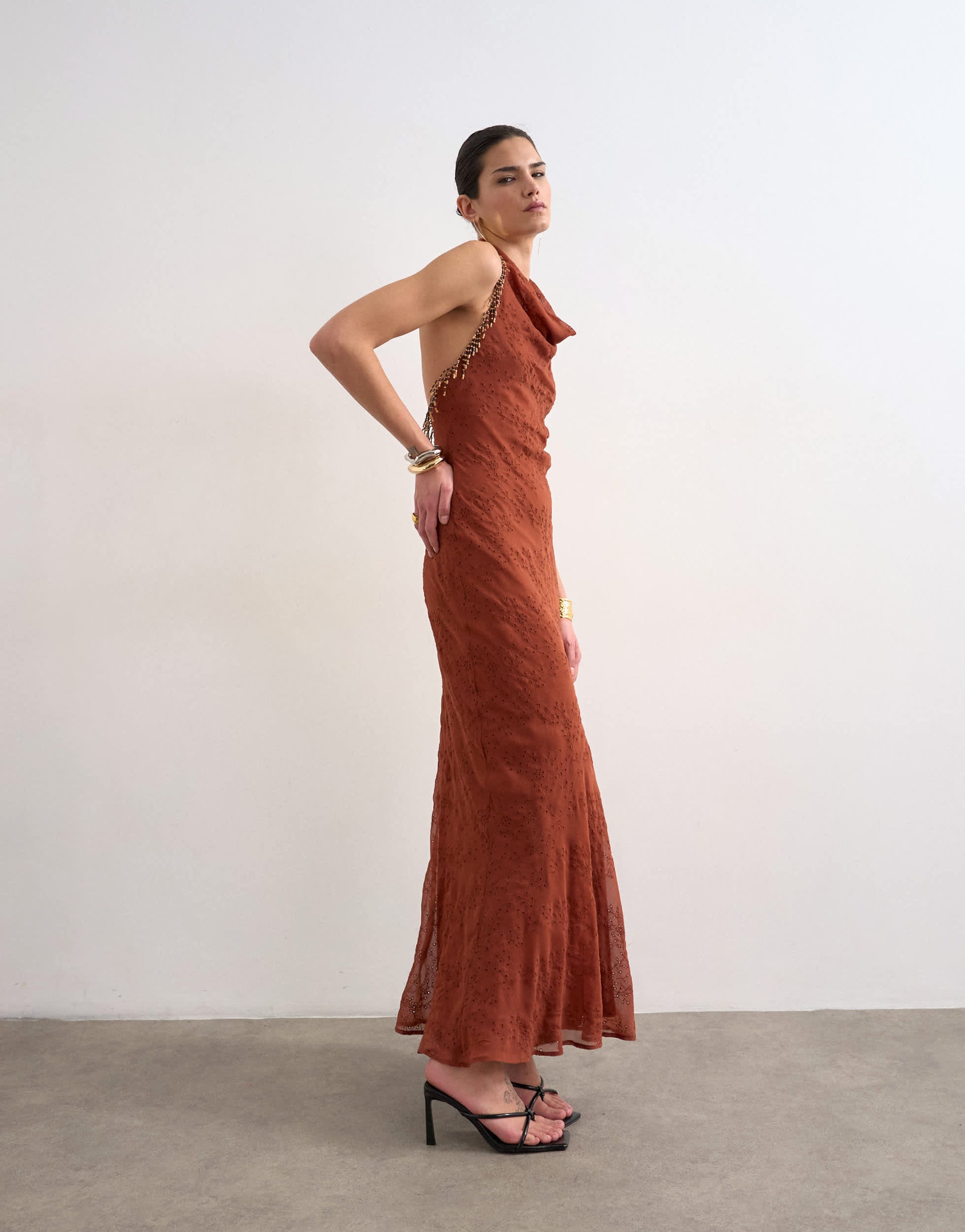 Topshop broderie occasion maxi dress with beaded trim in rust