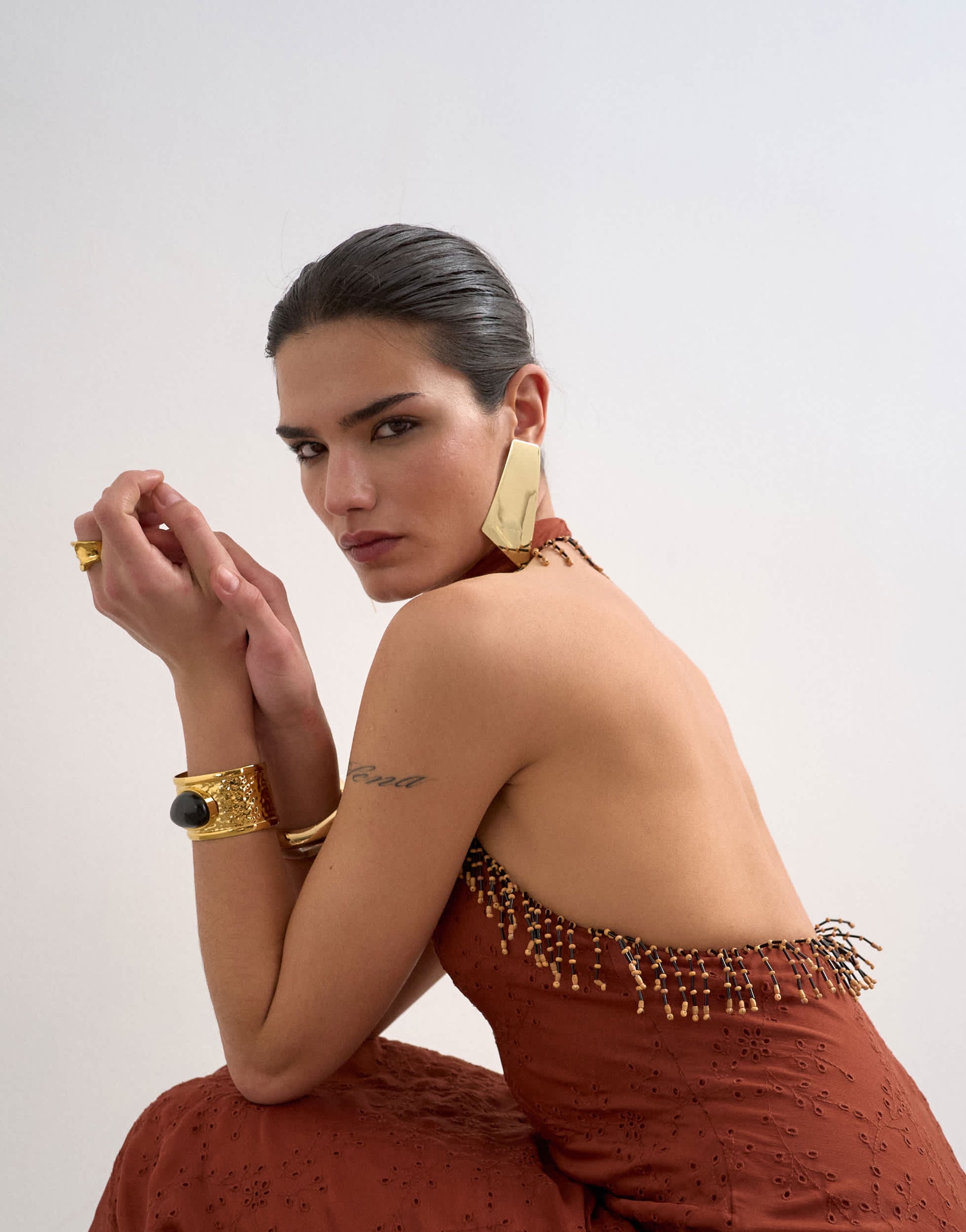 Topshop broderie occasion maxi dress with beaded trim in rust