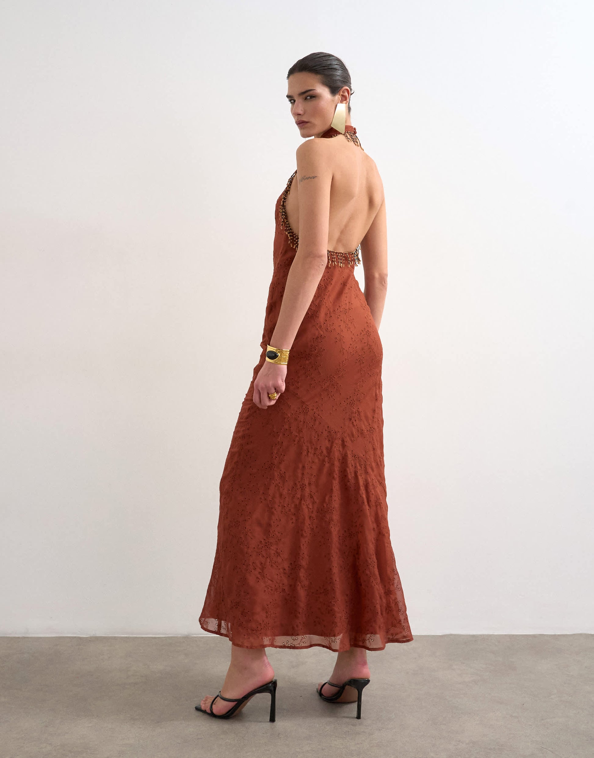 Topshop broderie occasion maxi dress with beaded trim in rust