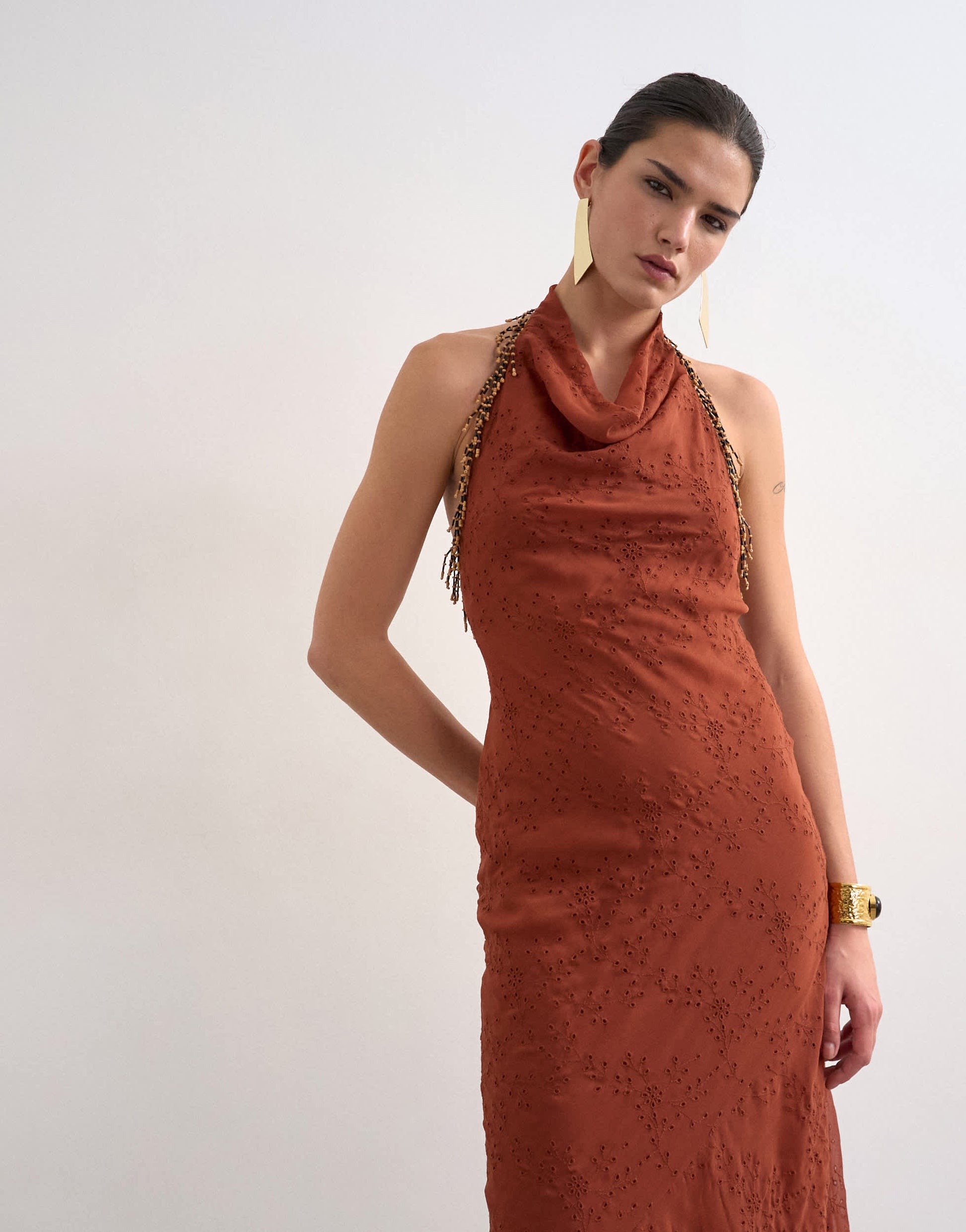 Topshop broderie occasion maxi dress with beaded trim in rust