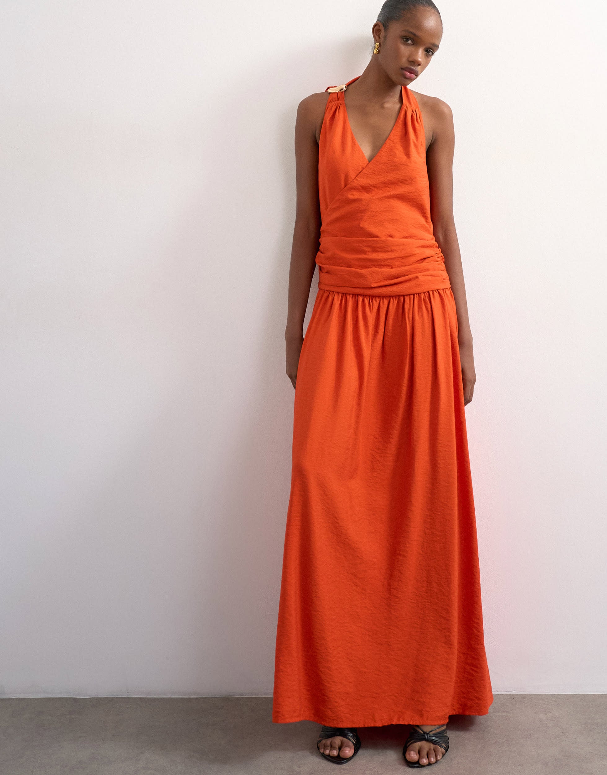 Topshop scarf neck plunge maxi dress with hardware in orange