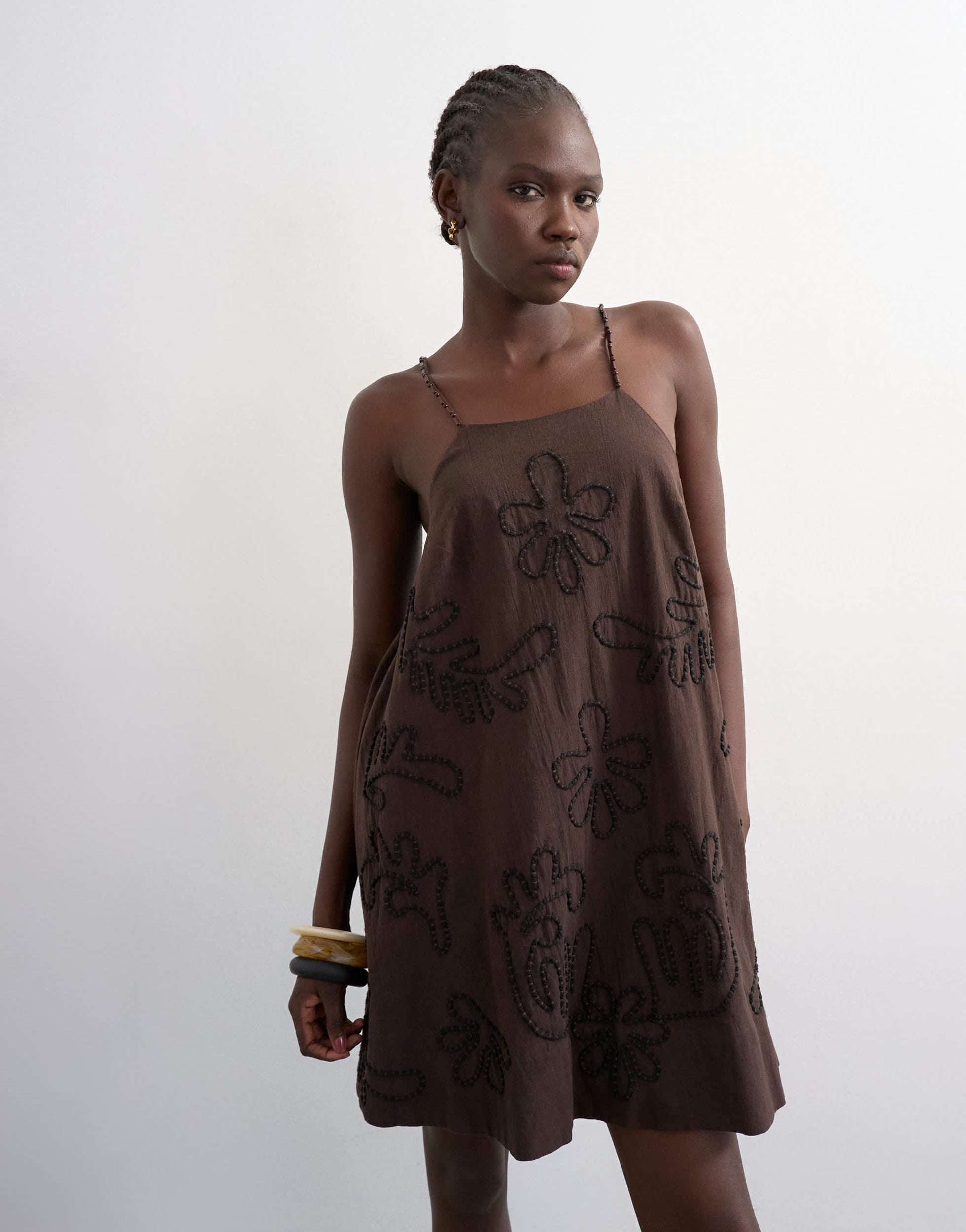 Topshop beaded strap trapeze mini dress with 3D cording in brown