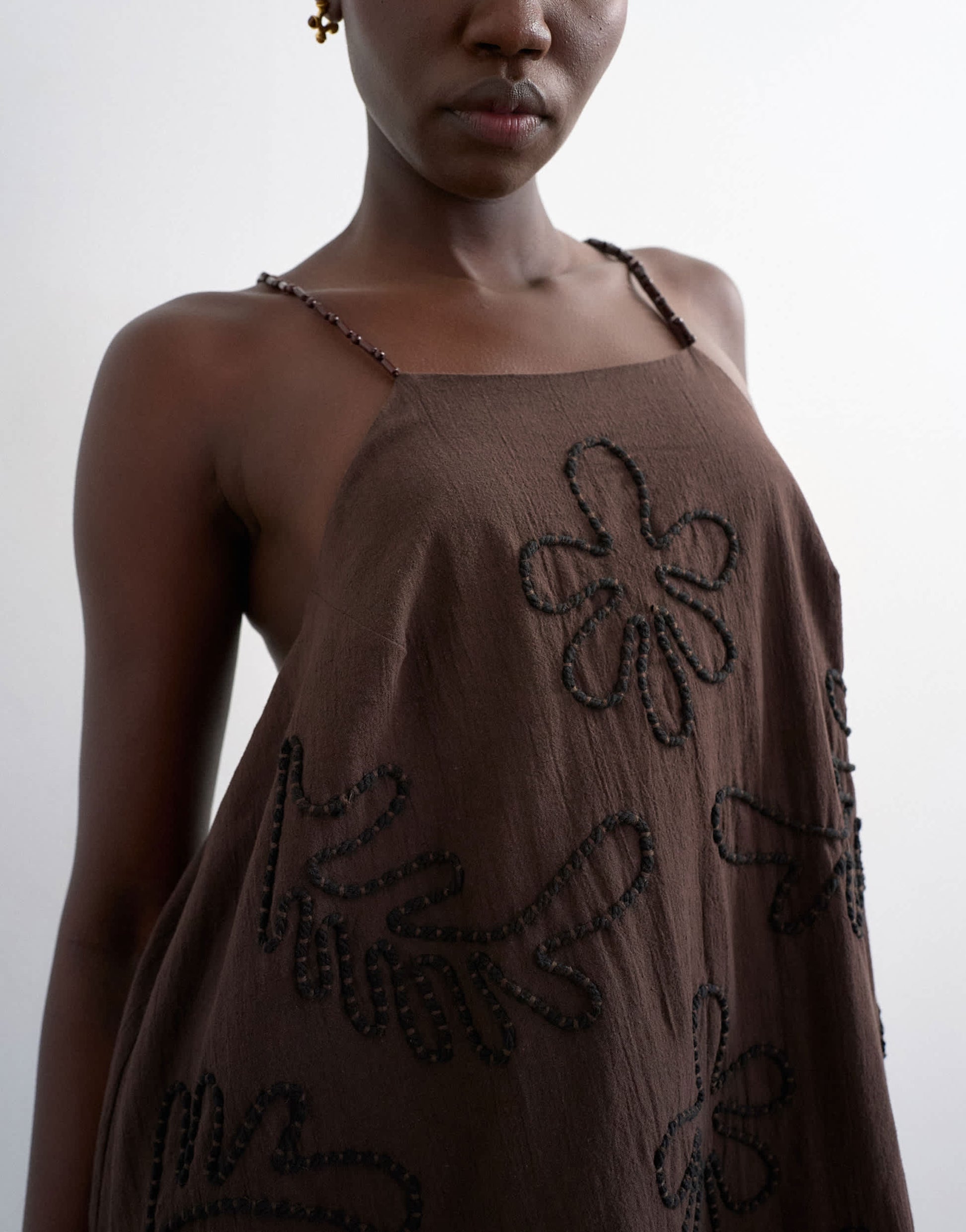 Topshop beaded strap trapeze mini dress with 3D cording in brown