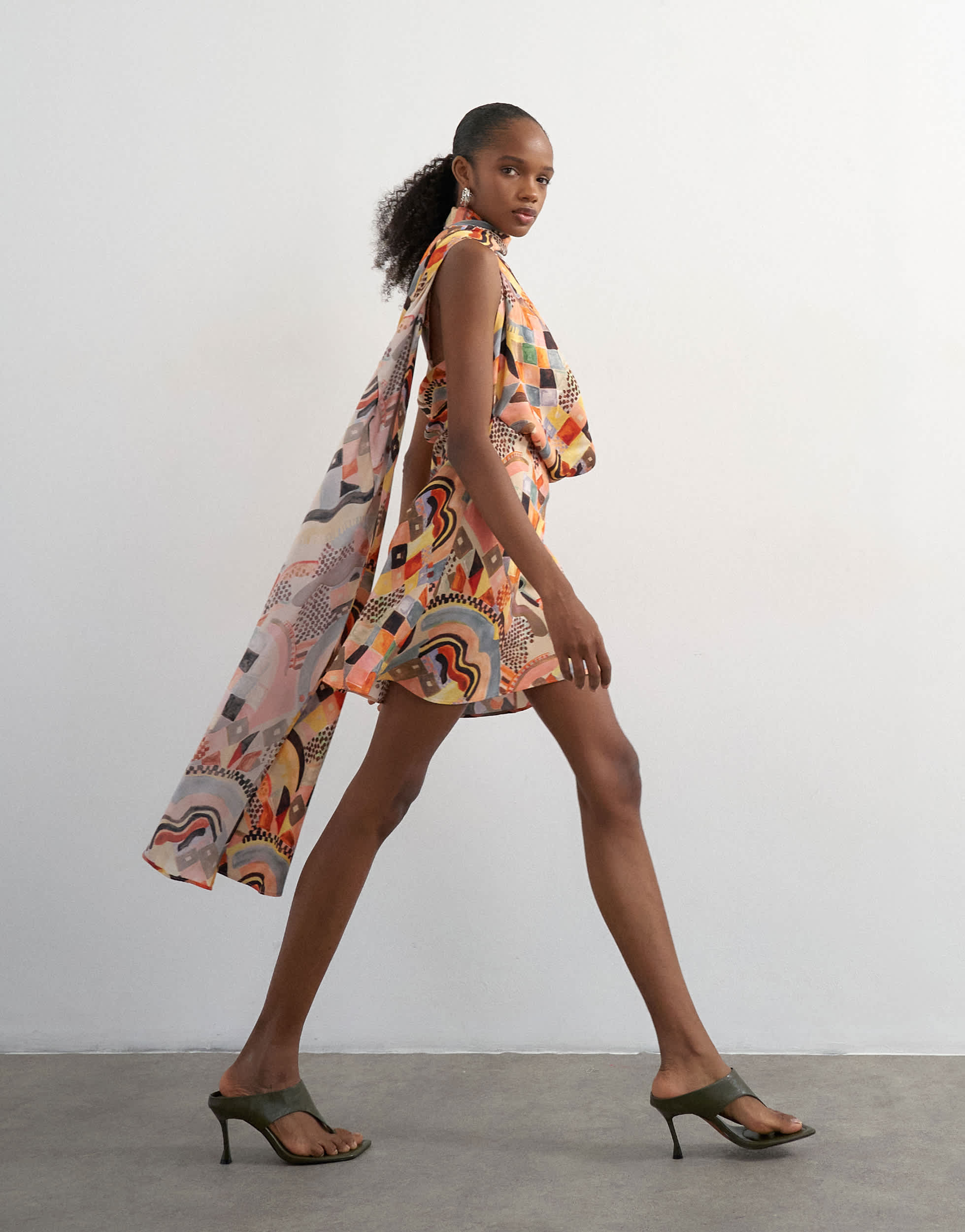 Topshop draped scarf neck mini dress in mosaic print