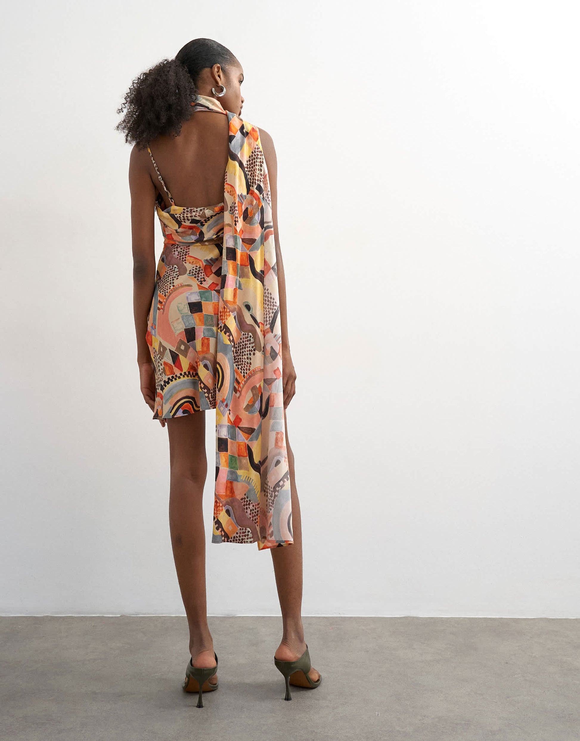 Topshop draped scarf neck mini dress in mosaic print