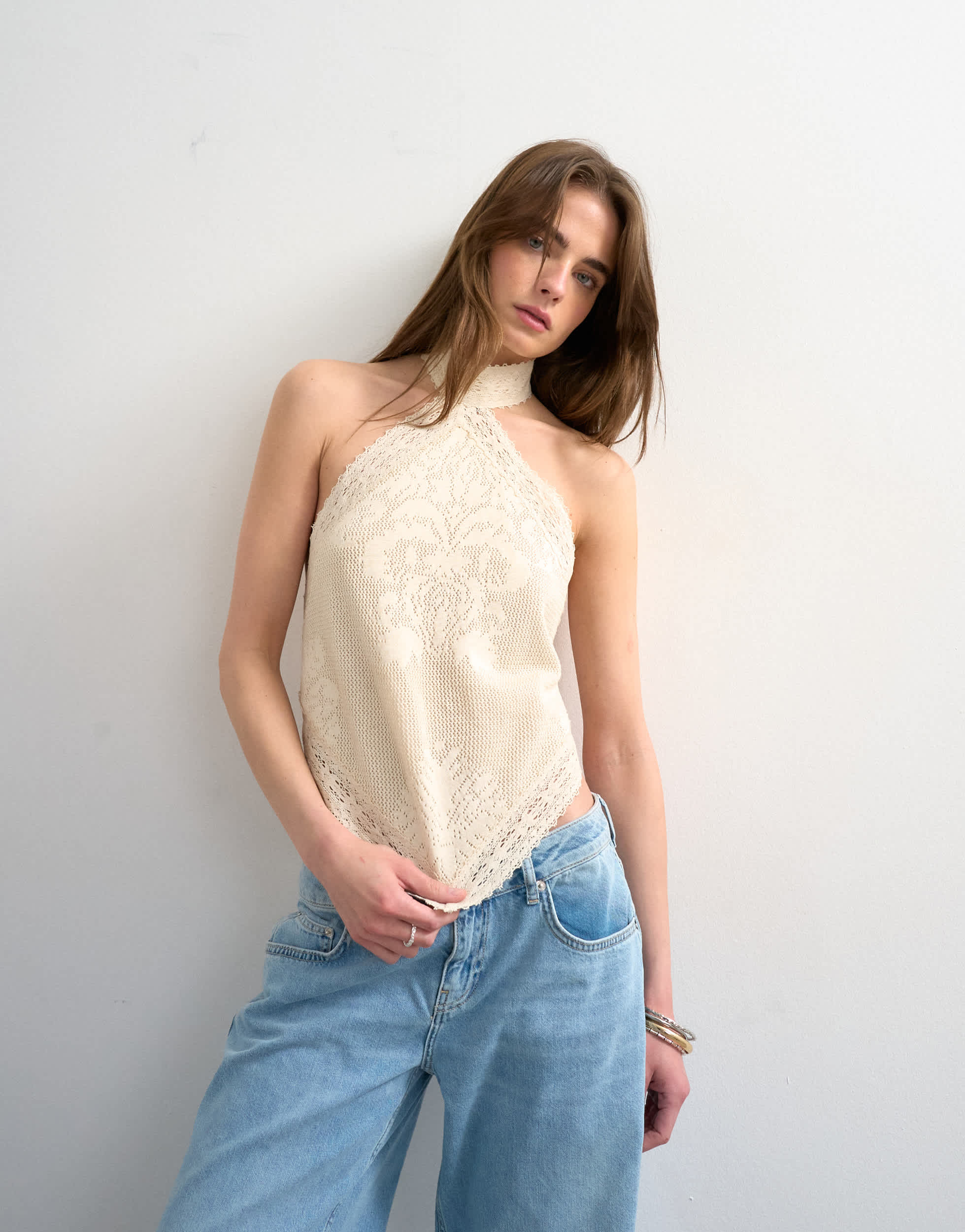 Topshop knitted bandana top in off white