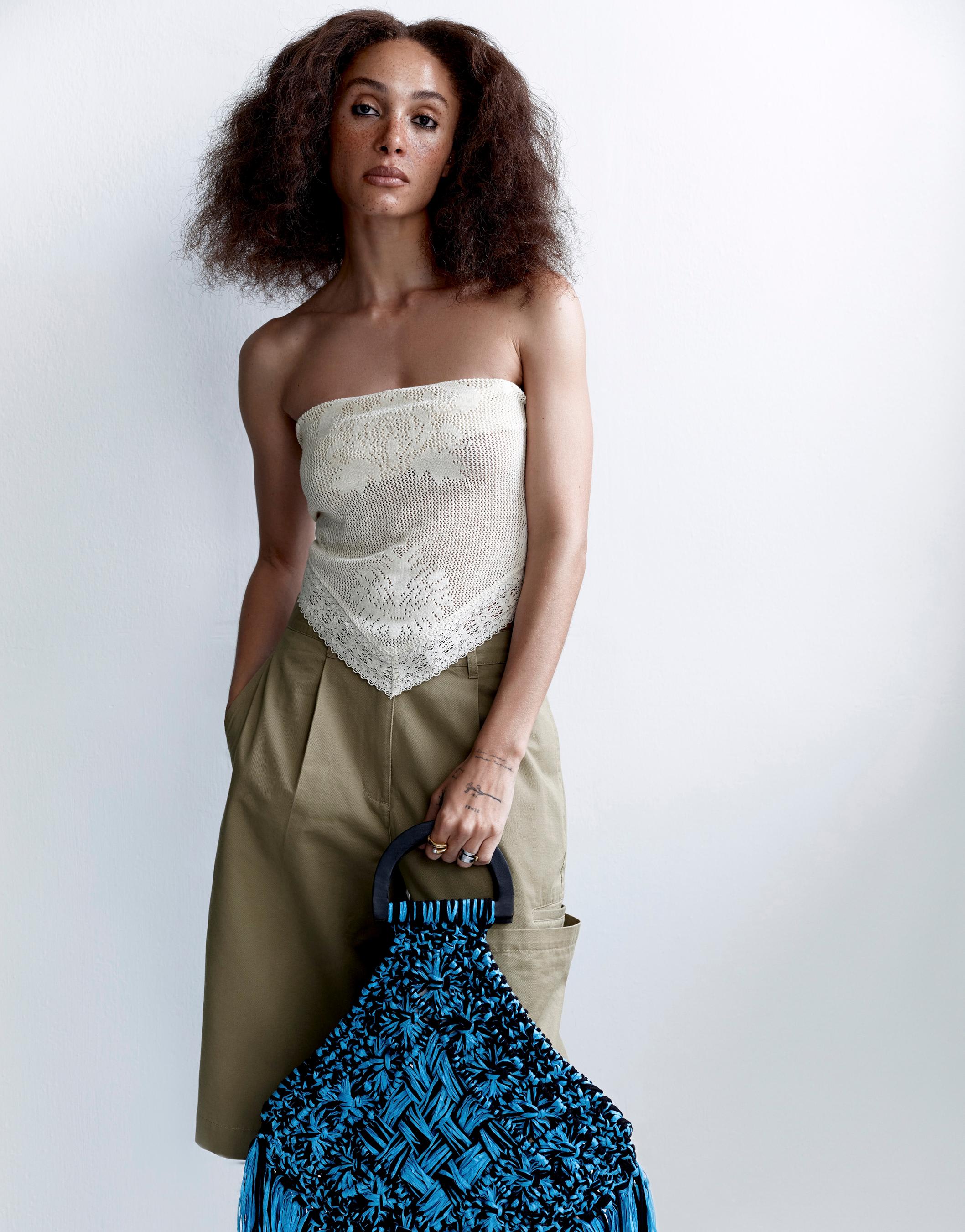 Topshop knitted bandana top in off white
