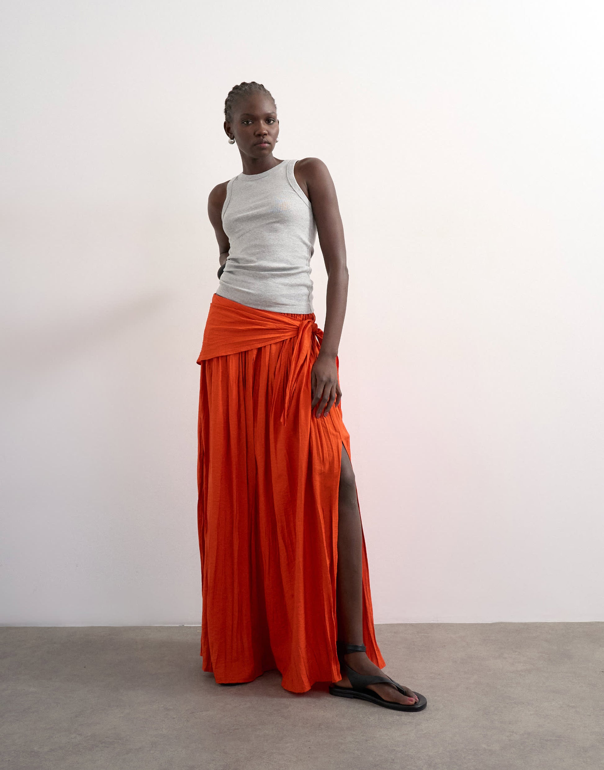 Topshop sash tie crinkle full maxi skirt in orange