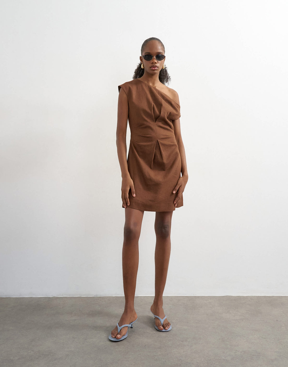 Topshop linen rich fallen shoulder mini dress with tucked waist in chocolate