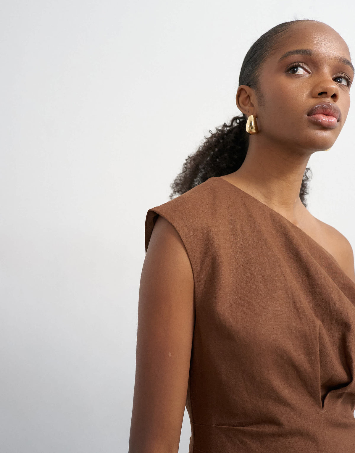 Topshop linen rich fallen shoulder mini dress with tucked waist in chocolate