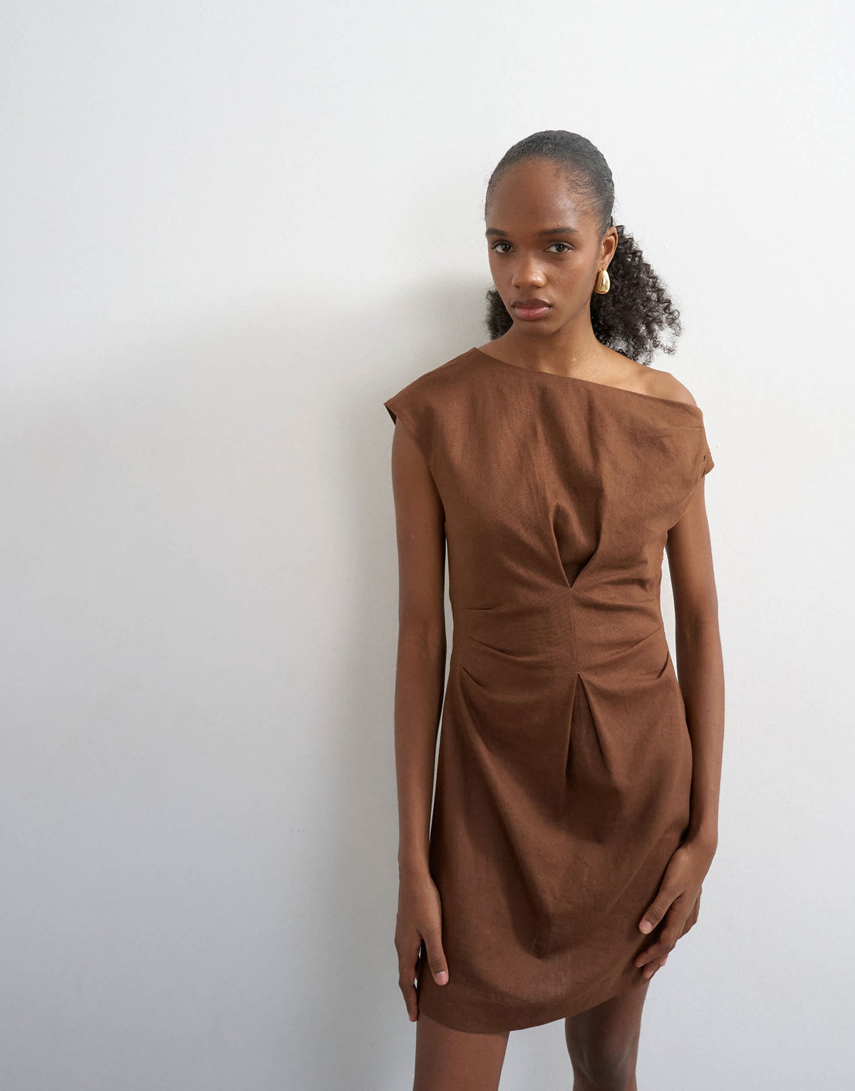 Topshop linen rich fallen shoulder mini dress with tucked waist in chocolate