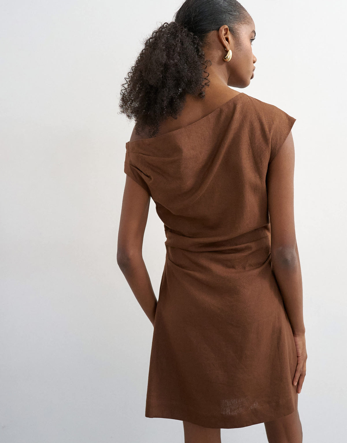 Topshop linen rich fallen shoulder mini dress with tucked waist in chocolate
