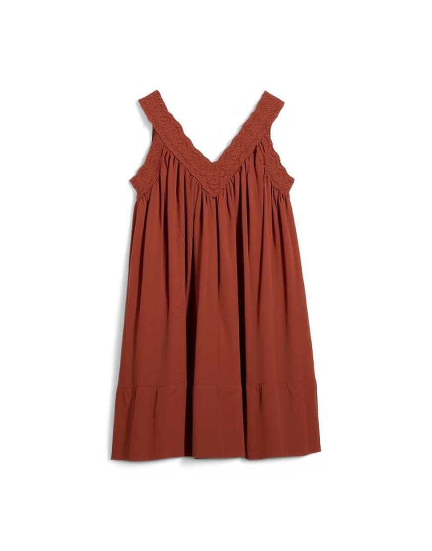 Topshop cotton deep v lace trapeze mini dress in rust