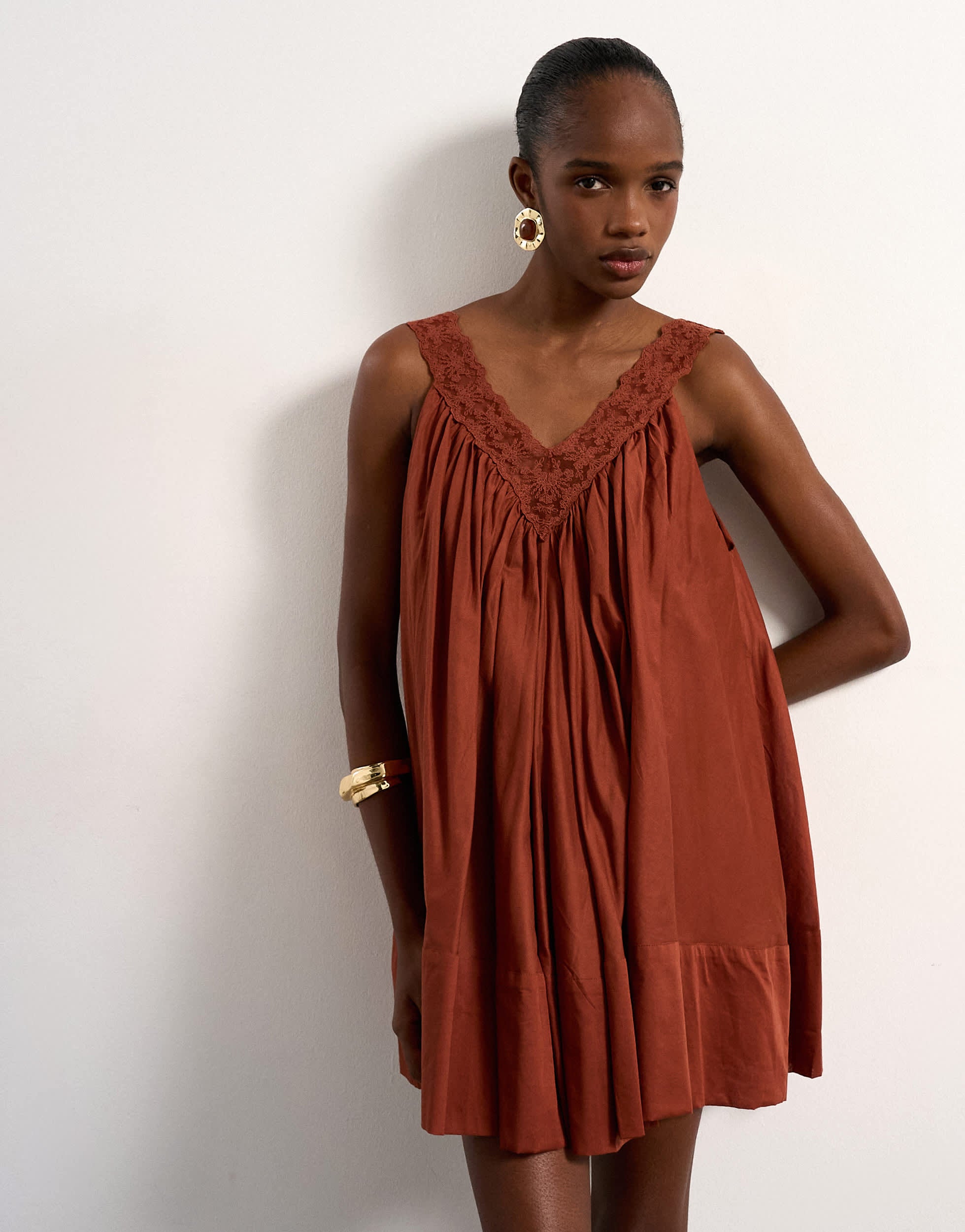 Topshop cotton deep v lace trapeze mini dress in rust
