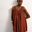 Topshop cotton deep v lace trapeze mini dress in rust