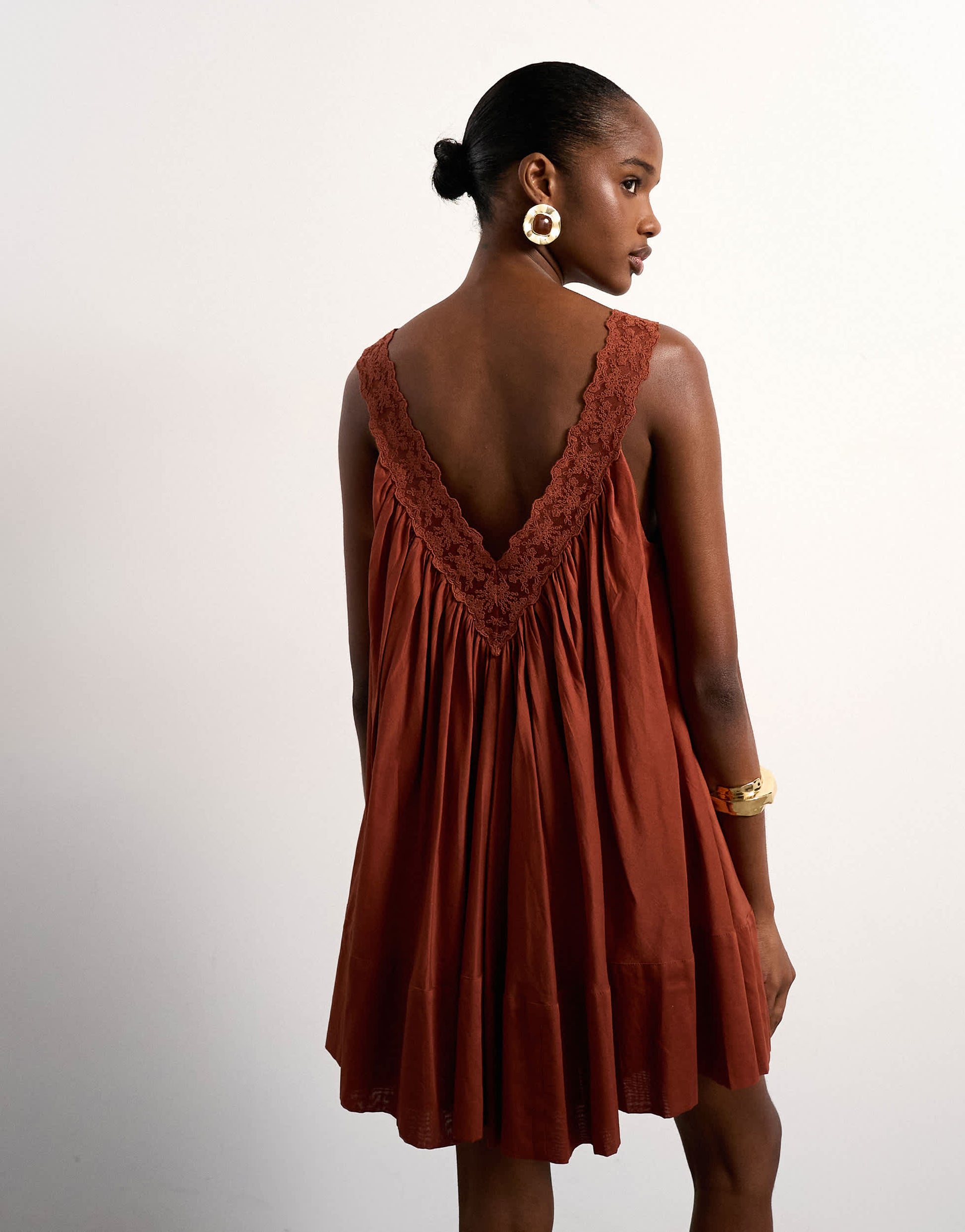 Topshop cotton deep v lace trapeze mini dress in rust