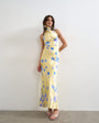 Topshop satin full neck halter midi dress in buttermilk based blue floral