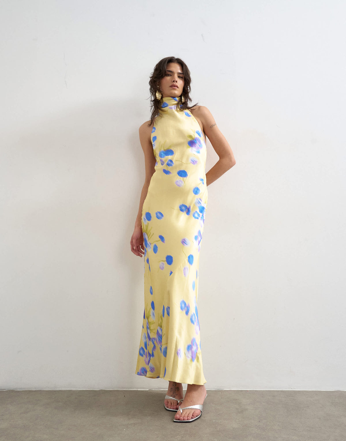 Topshop satin full neck halter midi dress in buttermilk based blue floral