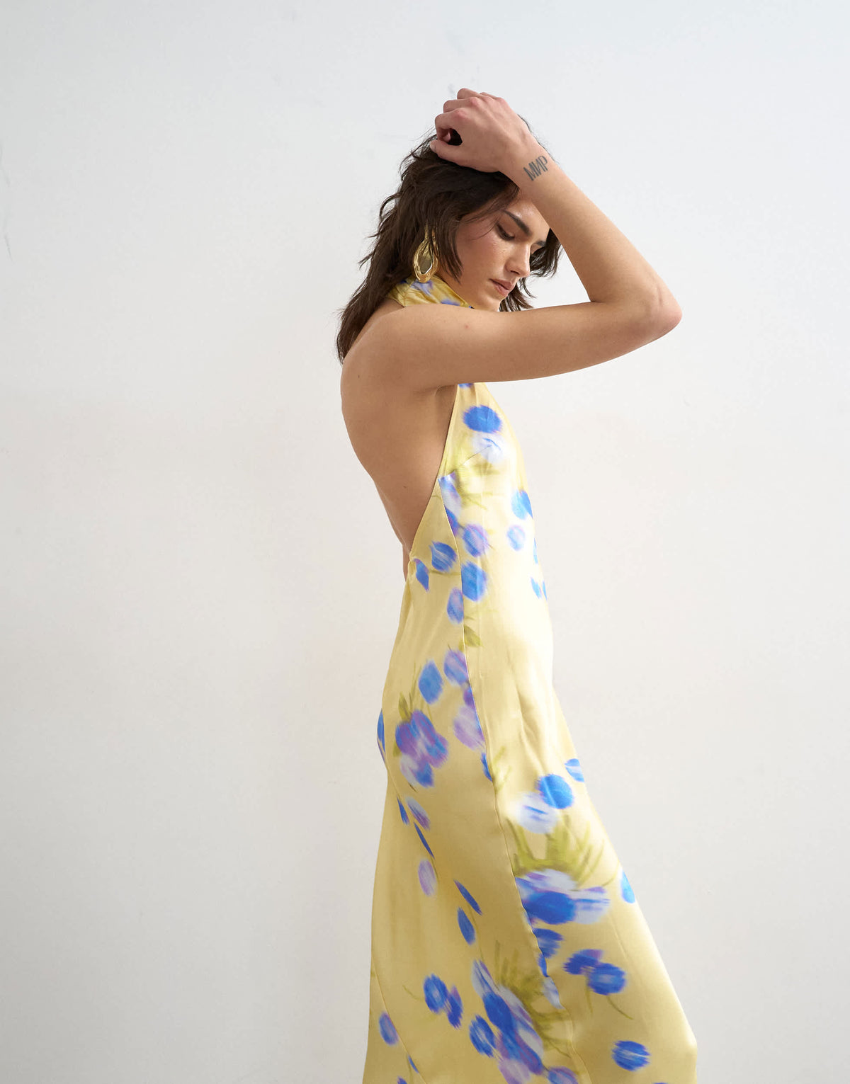 Topshop satin full neck halter midi dress in buttermilk based blue floral