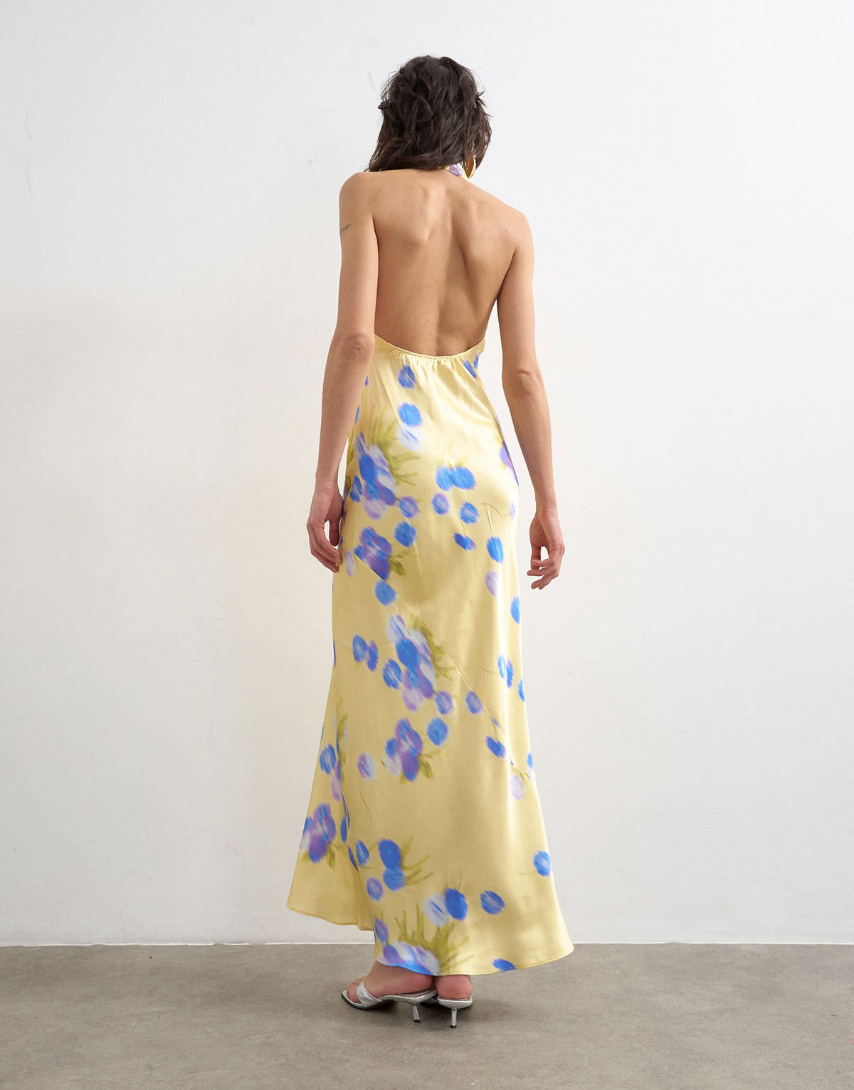 Topshop satin full neck halter midi dress in buttermilk based blue floral