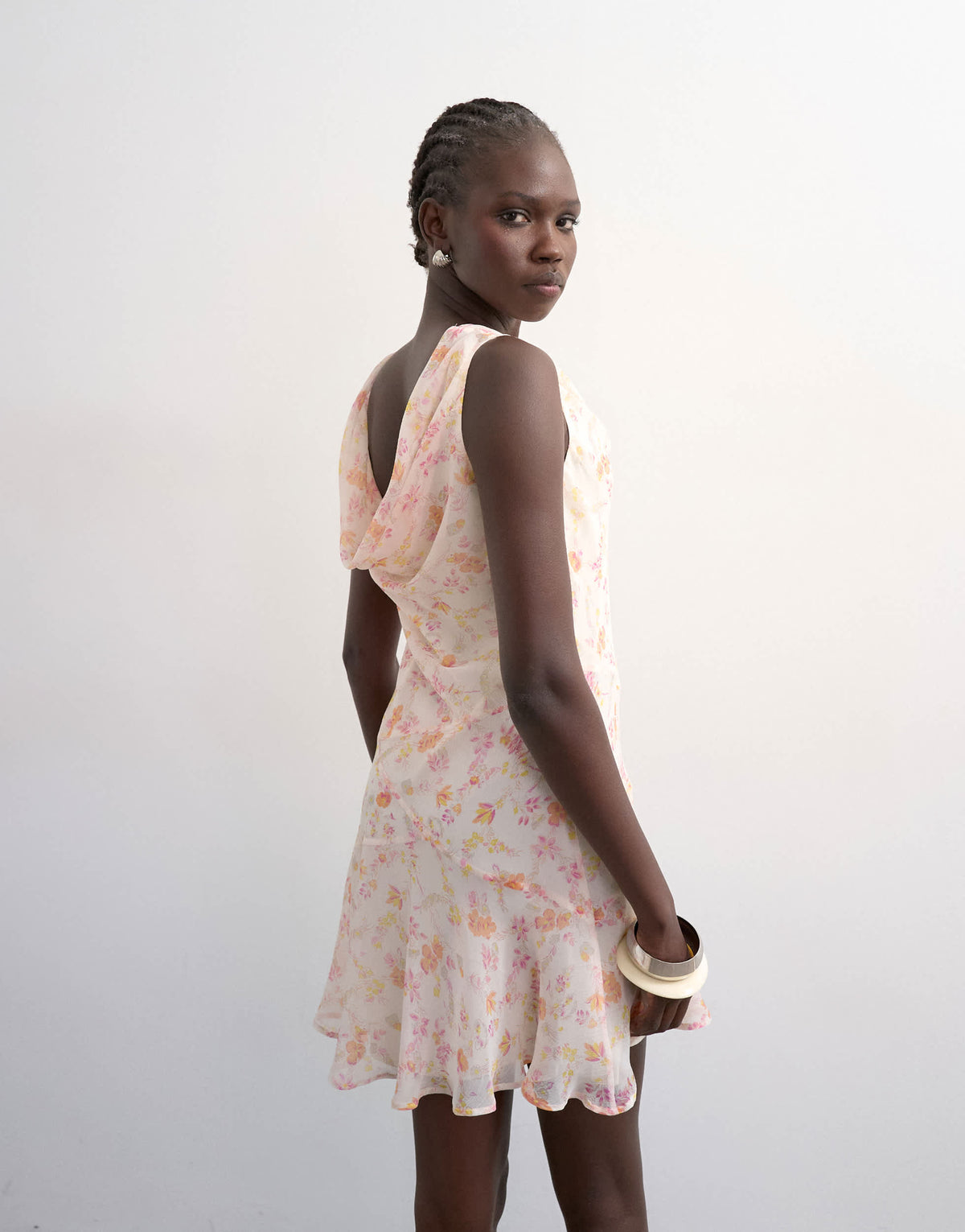 Topshop cowl neck full hem mini tea dress in soft pink ditsy floral