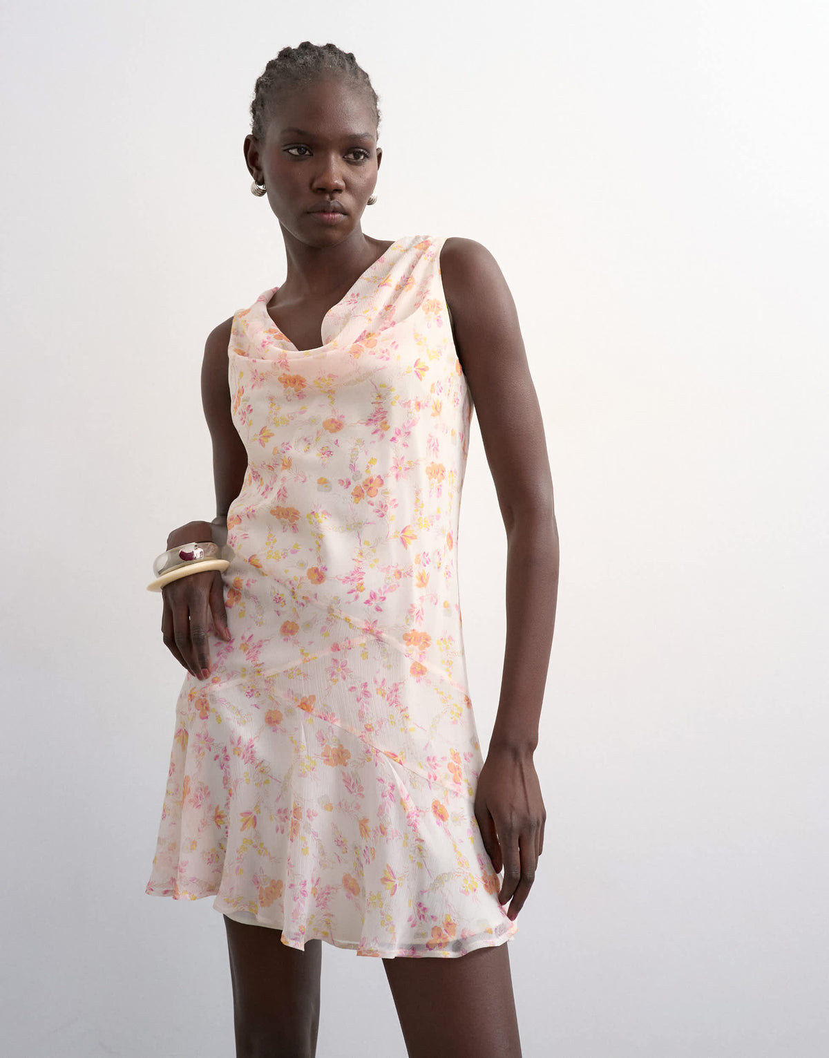 Topshop cowl neck full hem mini tea dress in soft pink ditsy floral