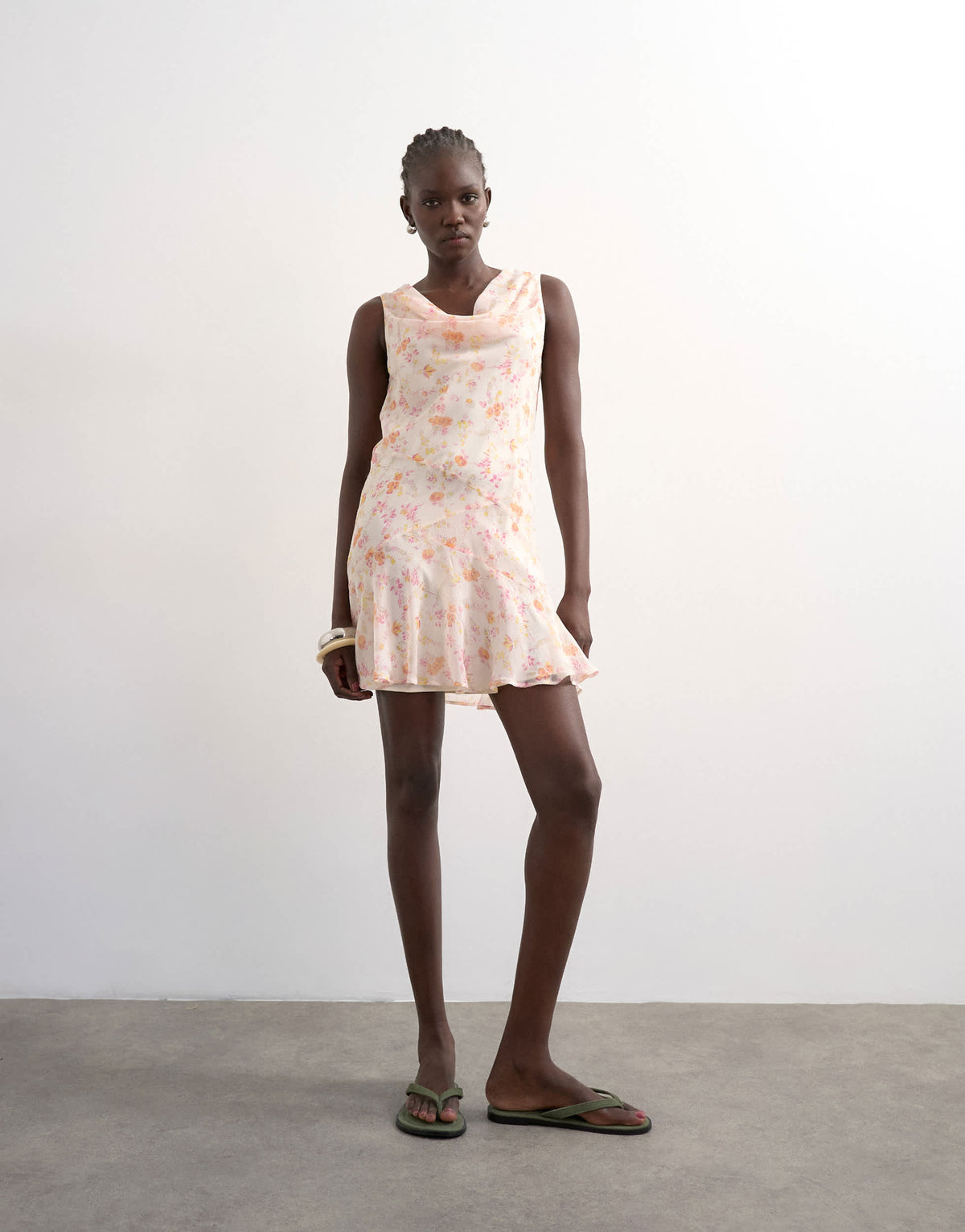 Topshop cowl neck full hem mini tea dress in soft pink ditsy floral