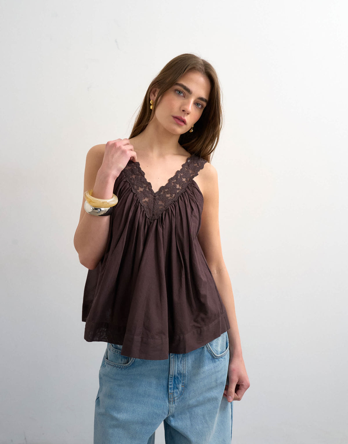 Topshop deep v lace trapeze top in chocolate