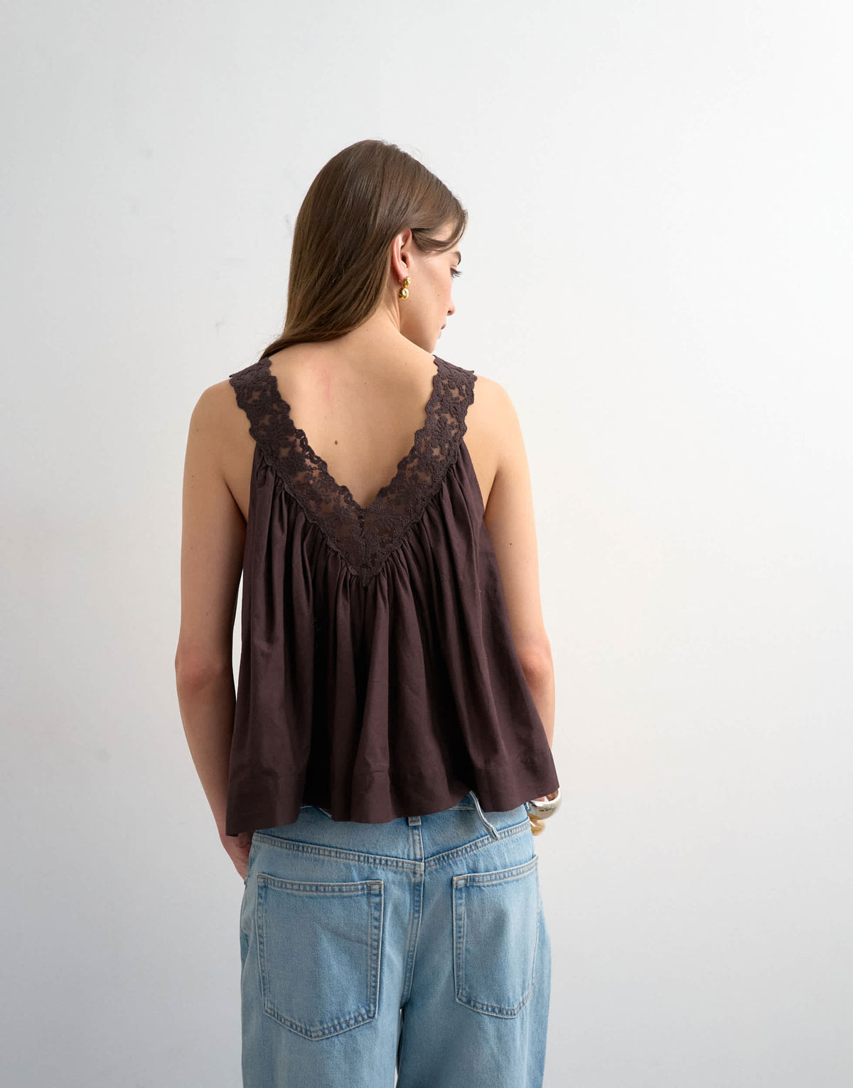 Topshop deep v lace trapeze top in chocolate