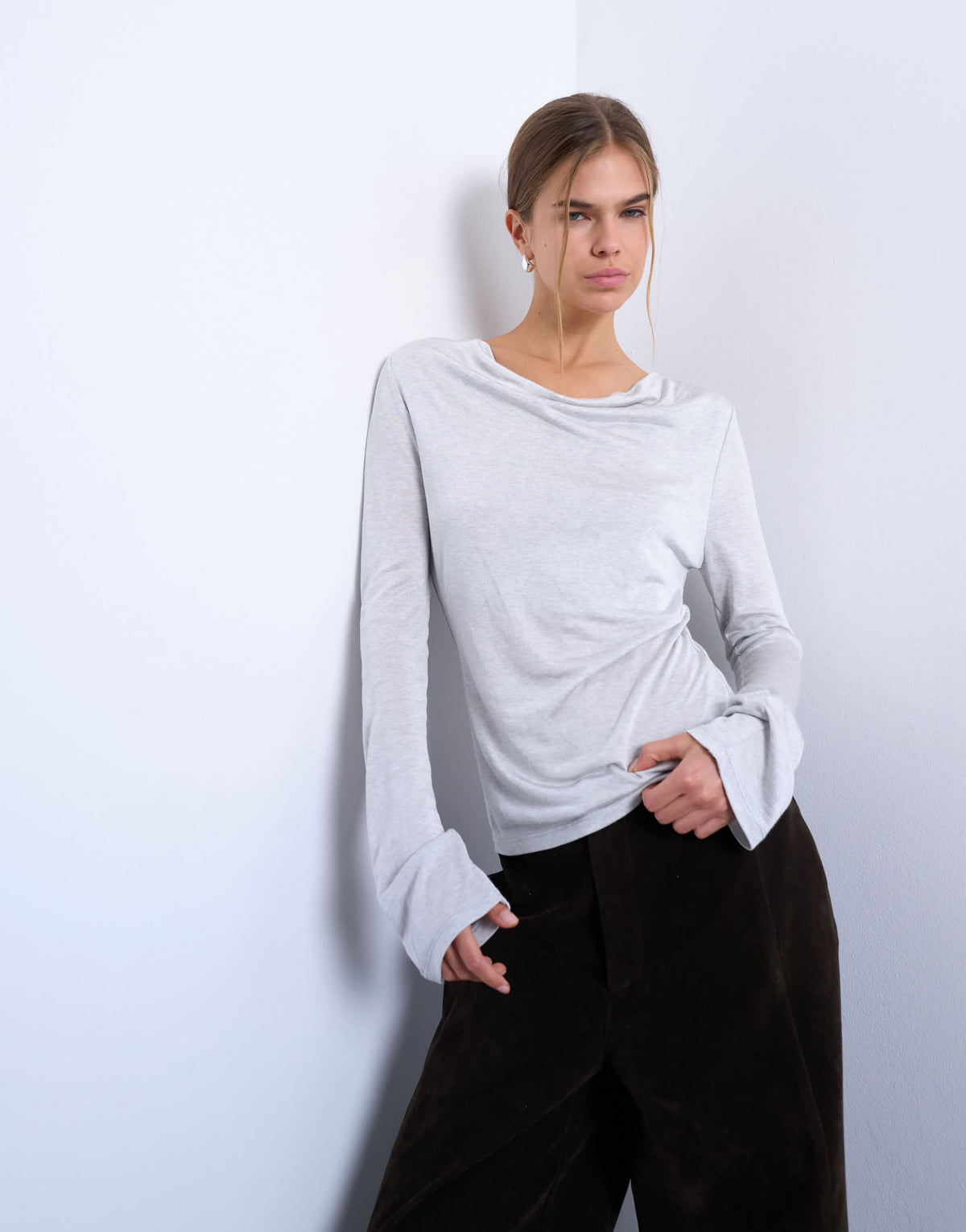 Topshop draped cowl long sleeve top in grey