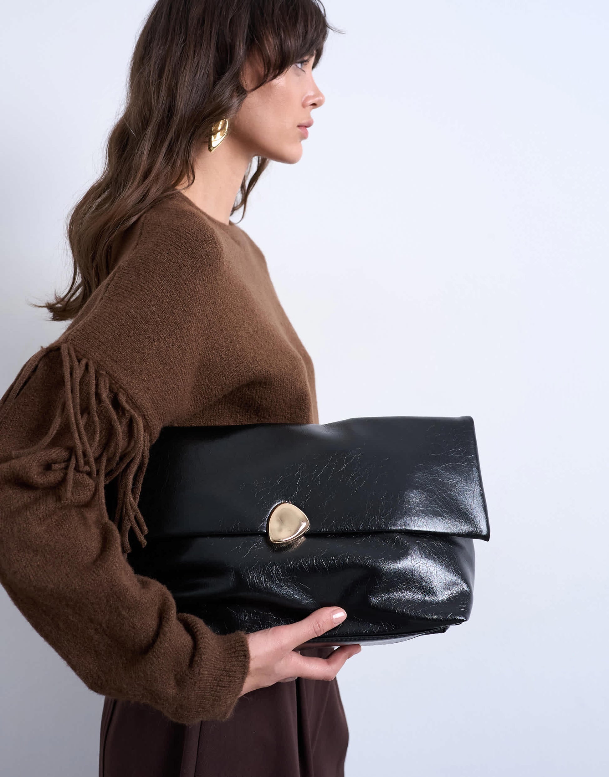 Topshop Gaia folded clutch bag with hardware in black