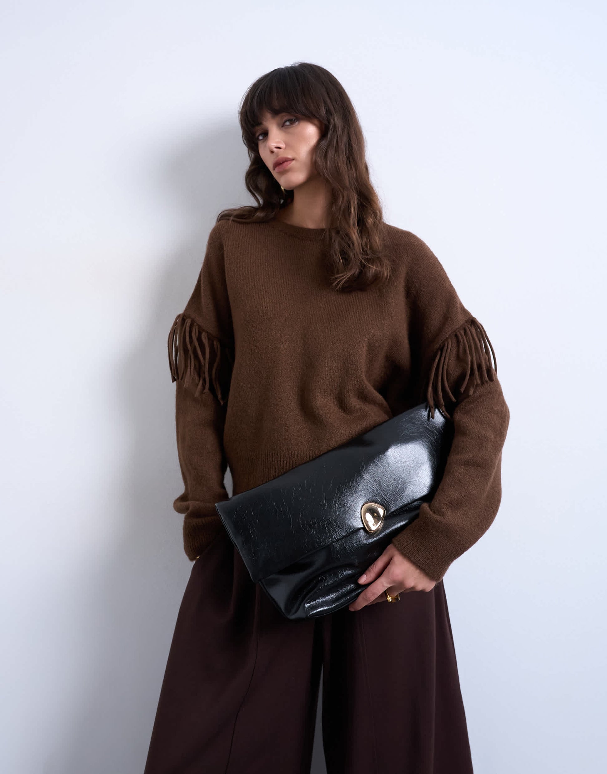 Topshop Gaia folded clutch bag with hardware in black
