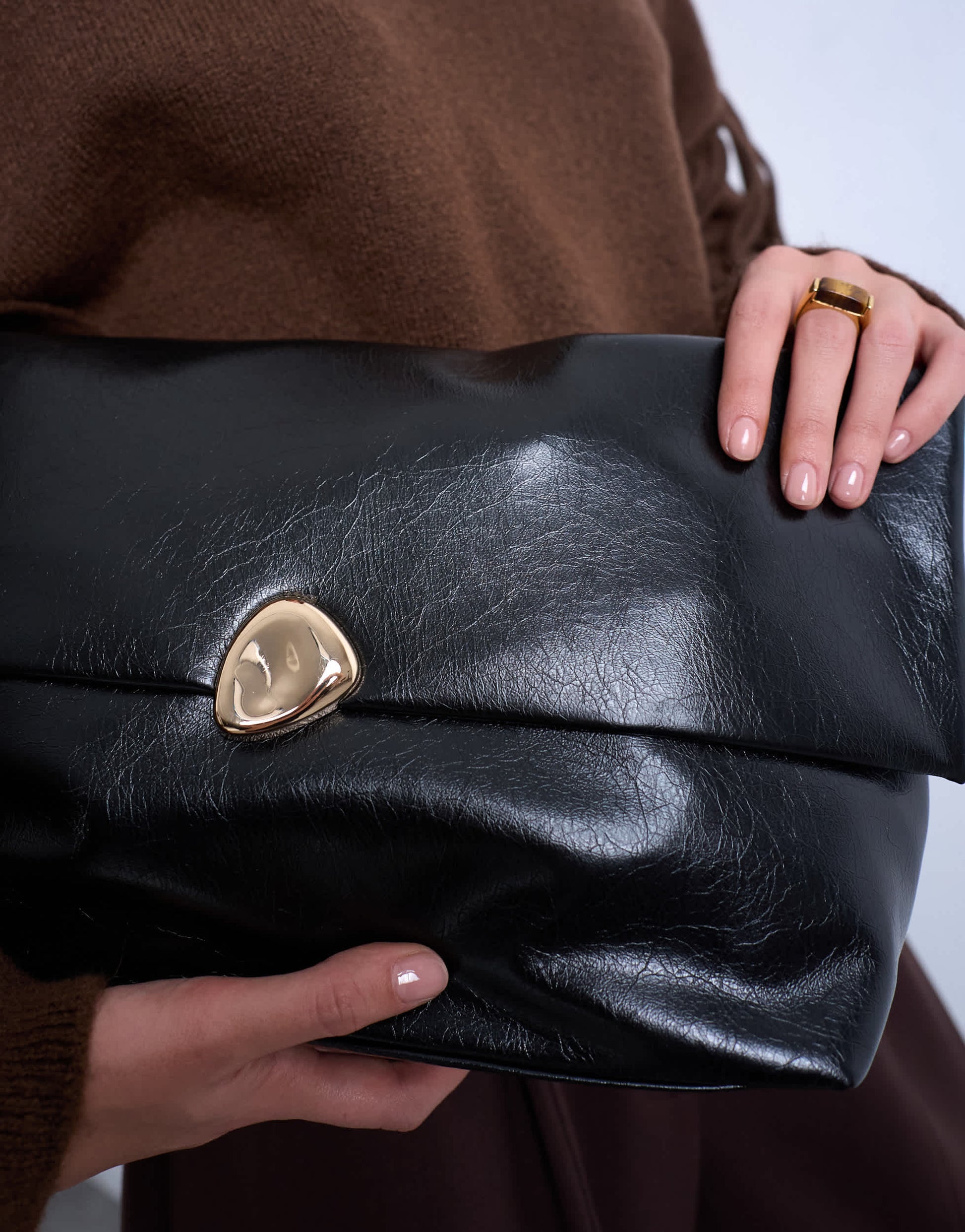 Topshop Gaia folded clutch bag with hardware in black