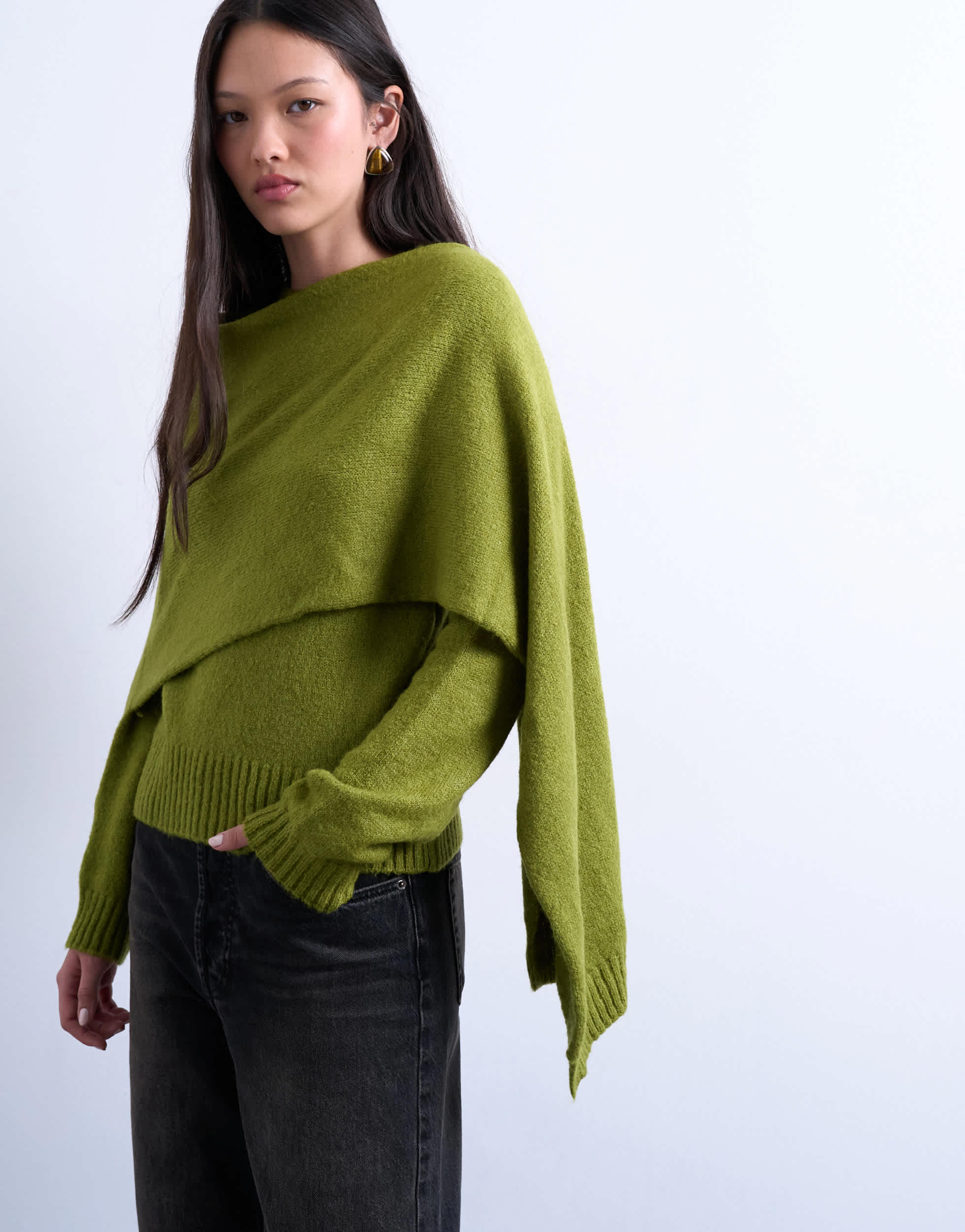 Topshop knitted scarf jumper in olive green