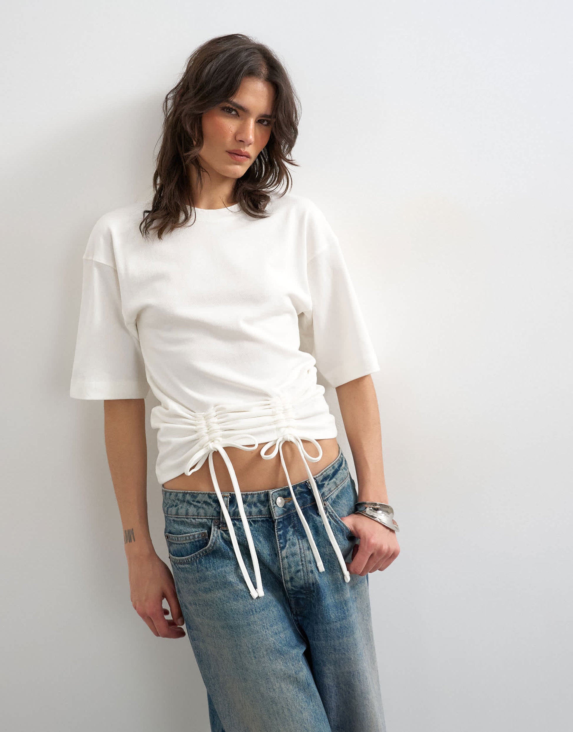 Topshop drawcord detail t-shirt in ivory