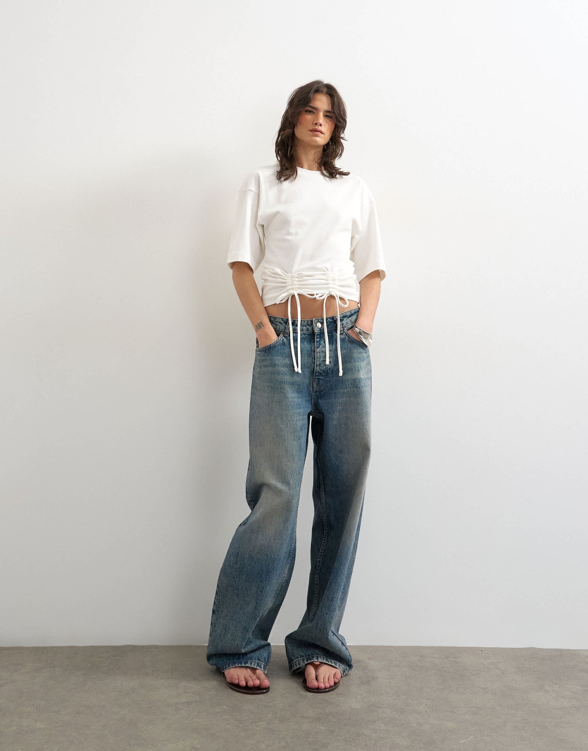 Topshop drawcord detail t-shirt in ivory
