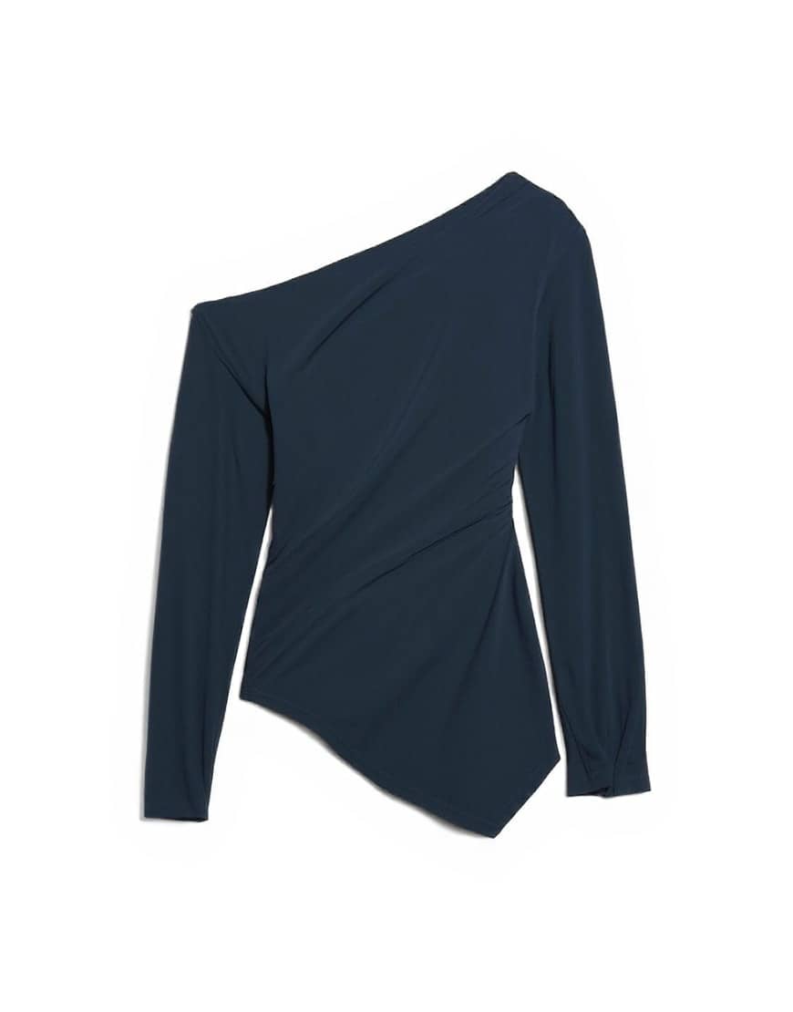 Topshop cupro off shoulder tunic long sleeve top in charcoal grey