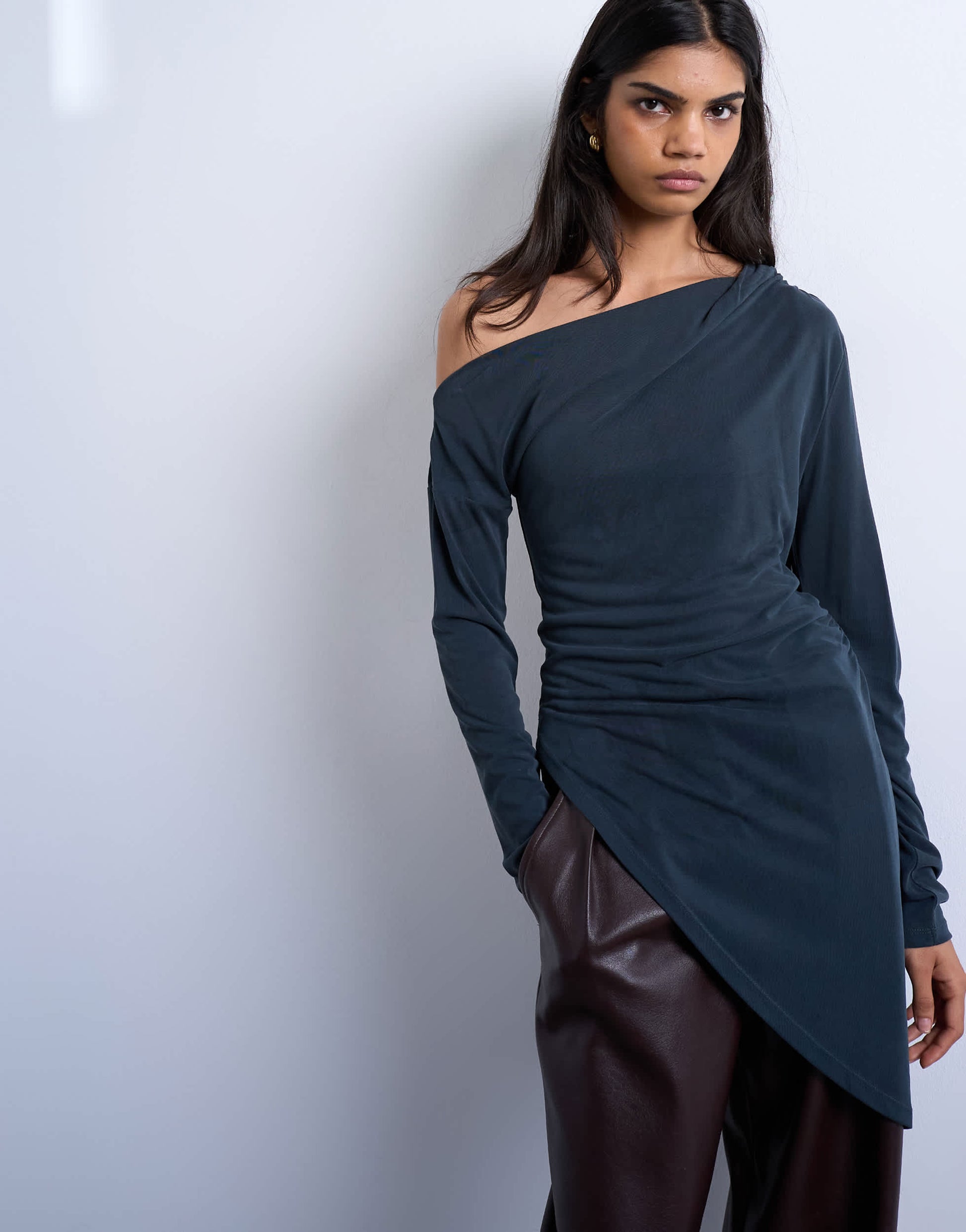 Topshop cupro off shoulder tunic long sleeve top in charcoal grey