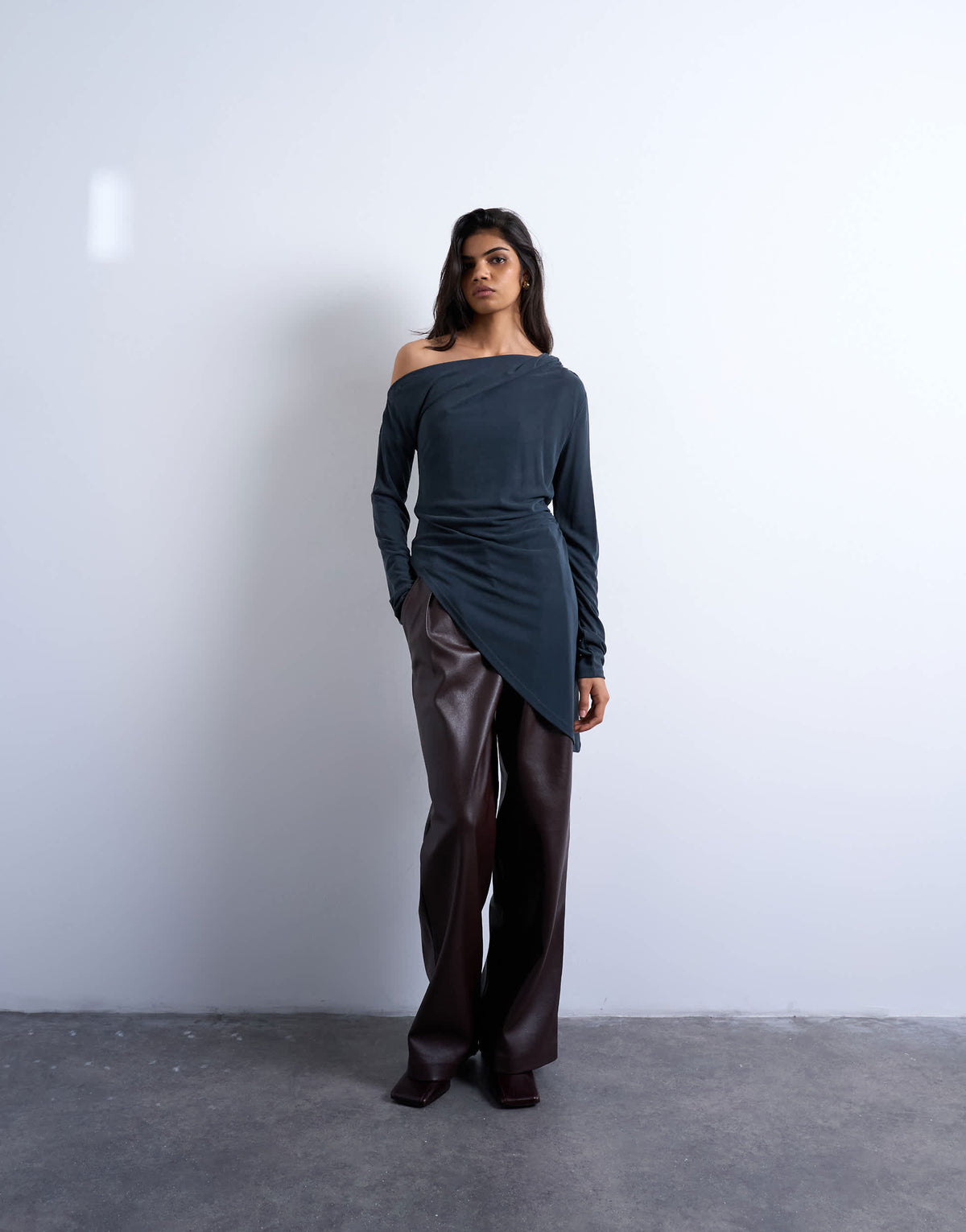Topshop cupro off shoulder tunic long sleeve top in charcoal grey