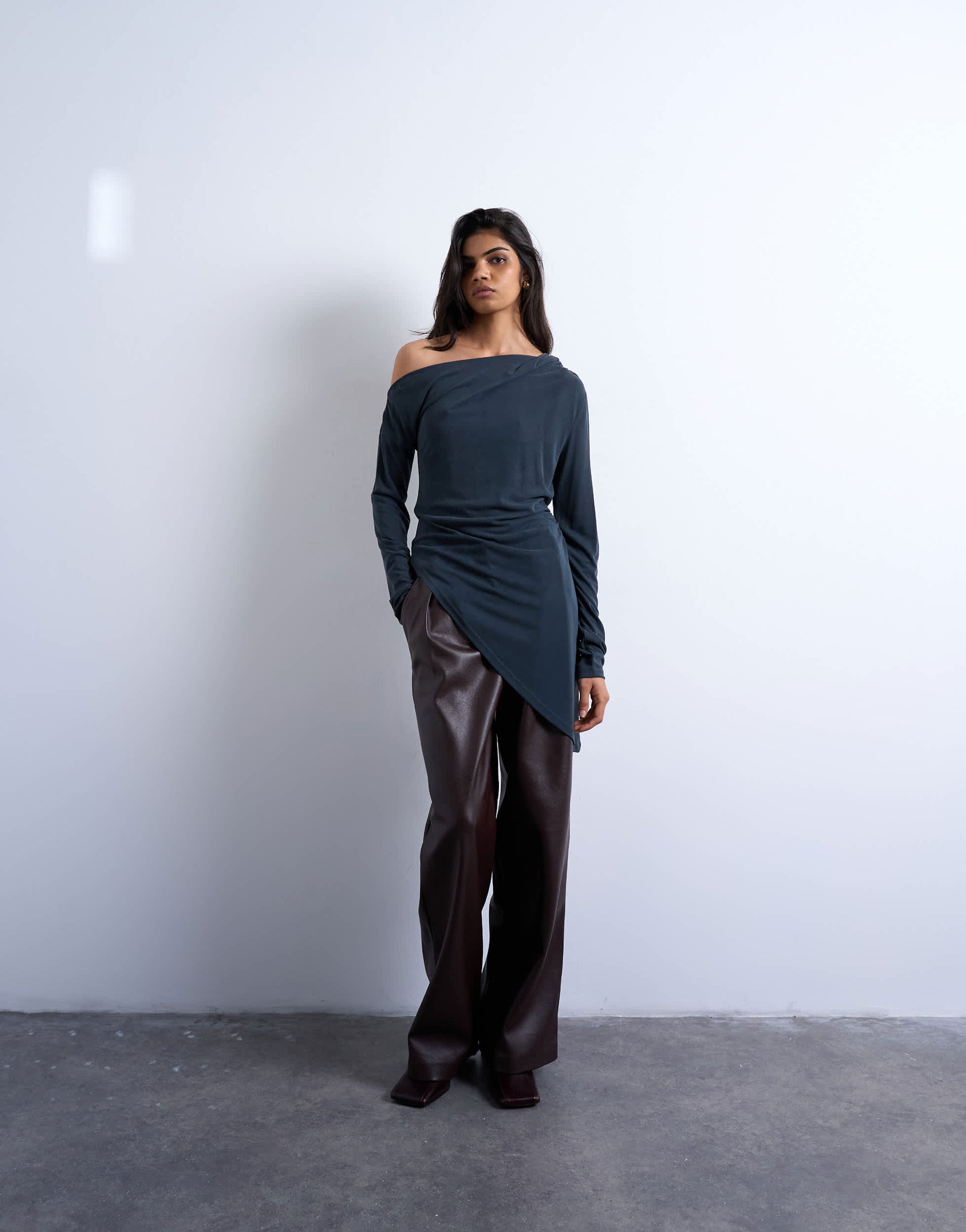 Topshop cupro off shoulder tunic long sleeve top in charcoal grey