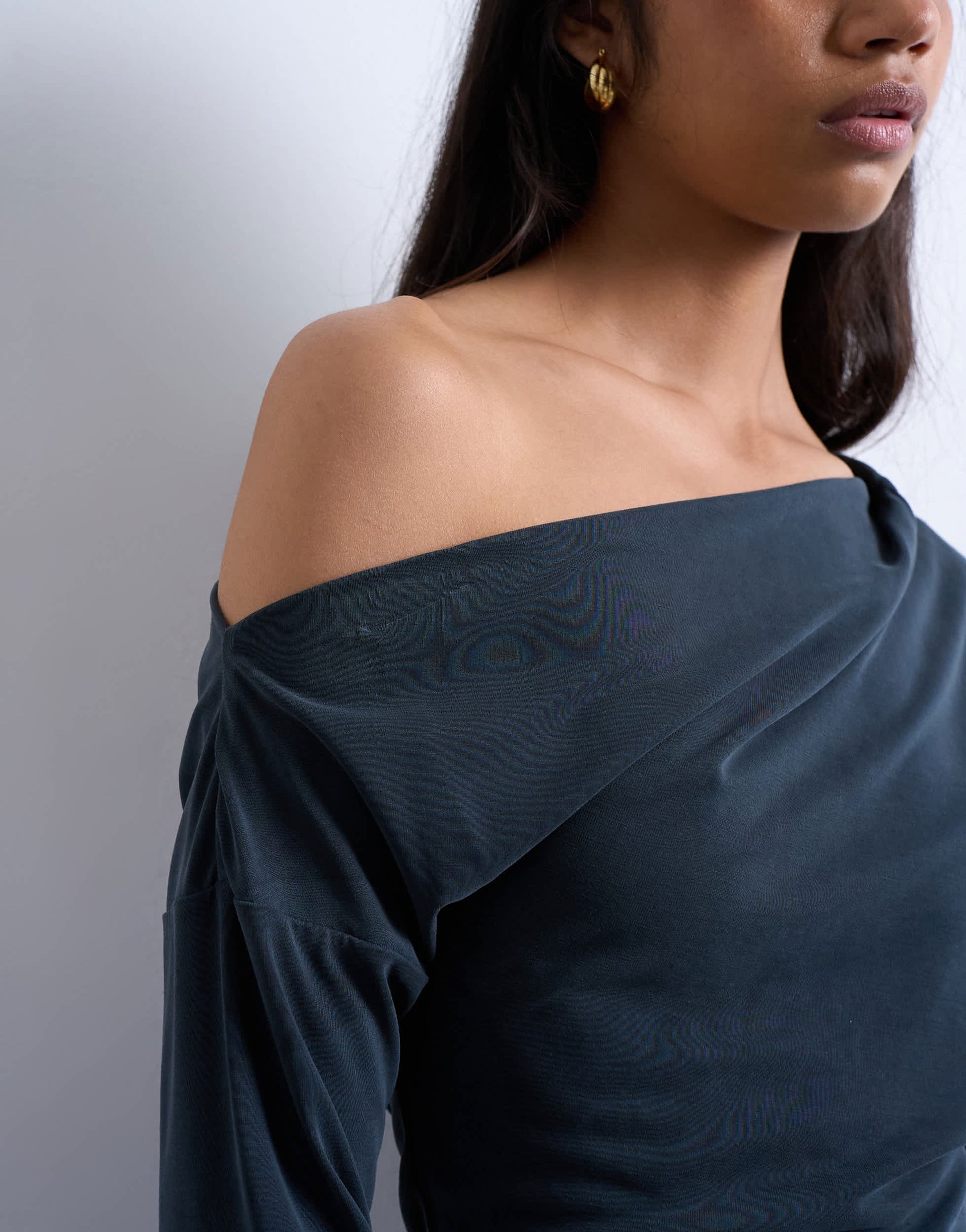 Topshop cupro off shoulder tunic long sleeve top in charcoal grey
