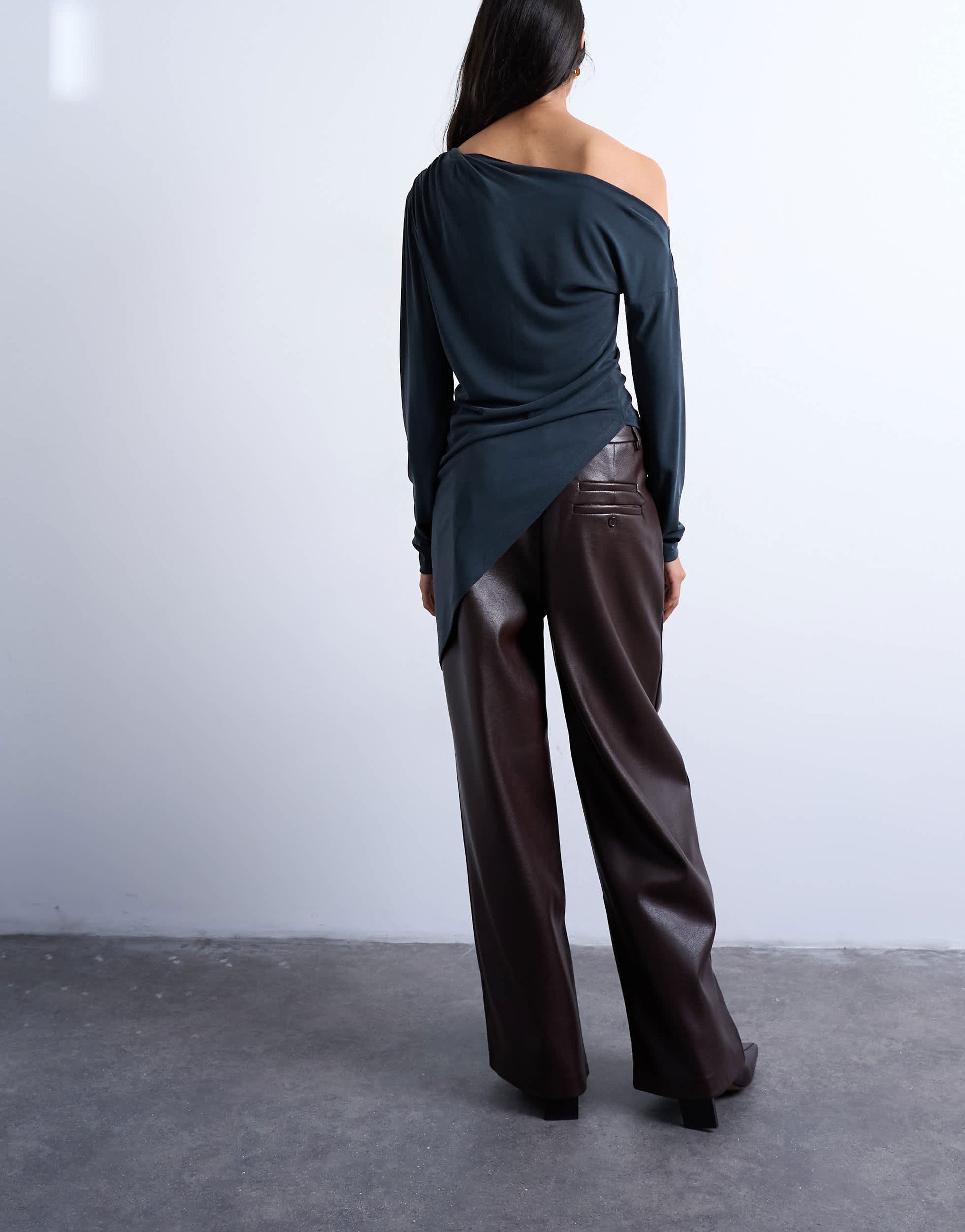 Topshop cupro off shoulder tunic long sleeve top in charcoal grey
