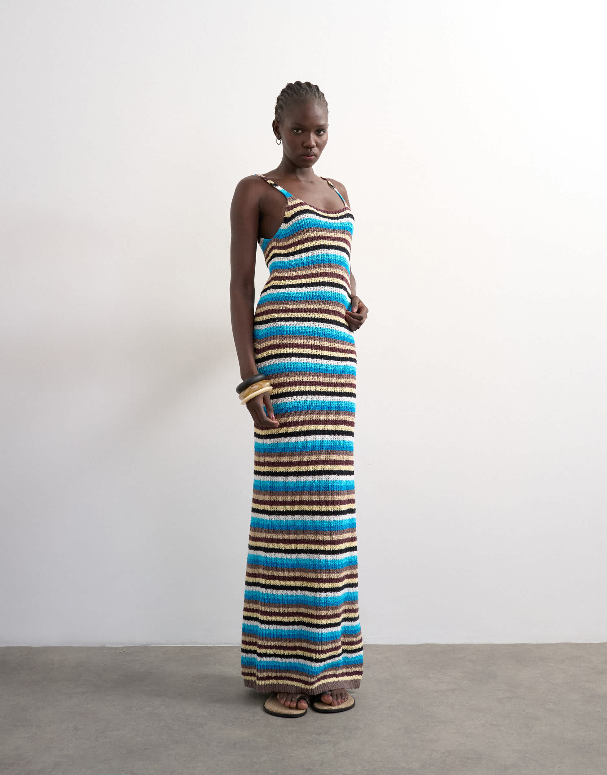 Topshop knitted multi stripe maxi dress in blue