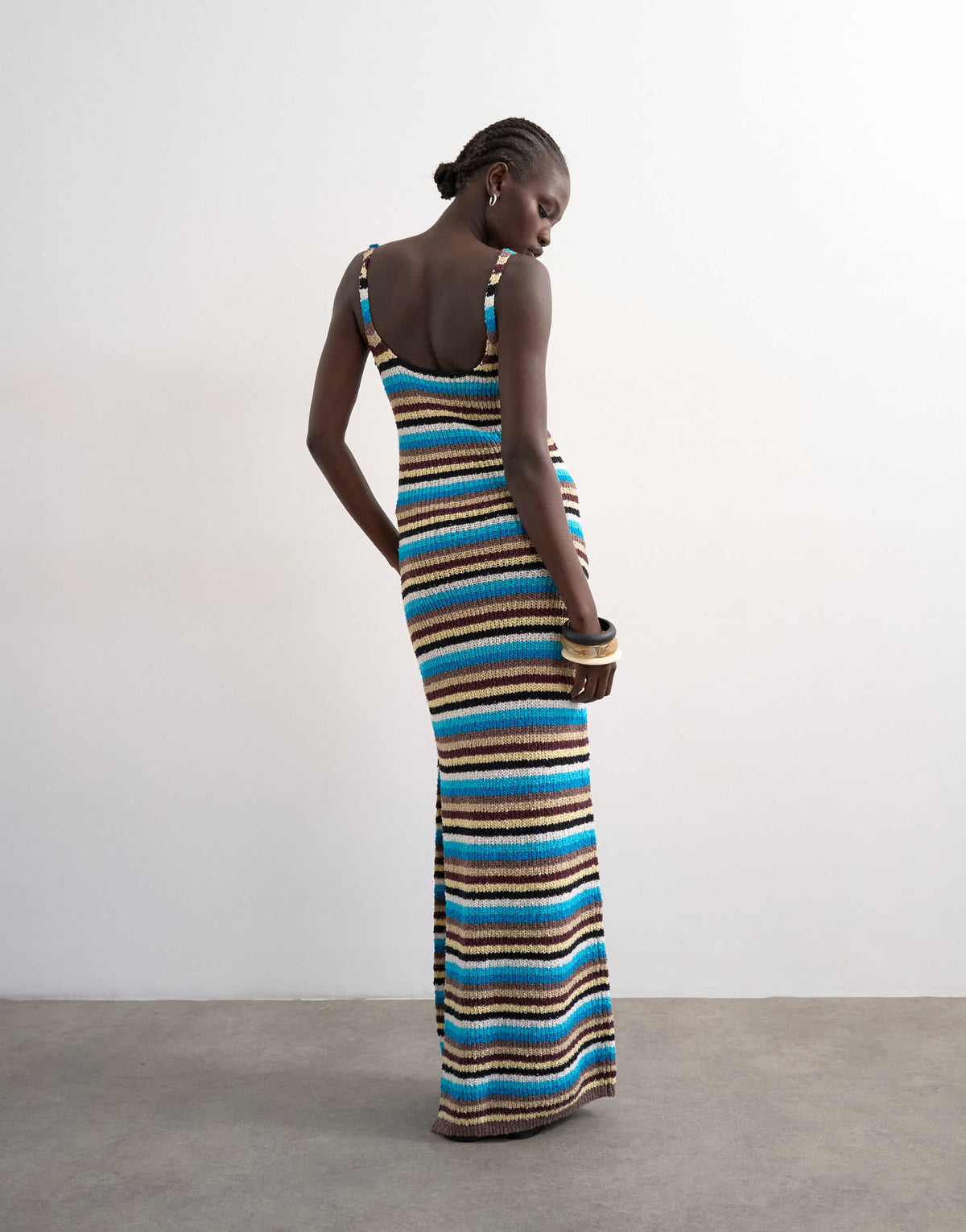 Topshop knitted multi stripe maxi dress in blue